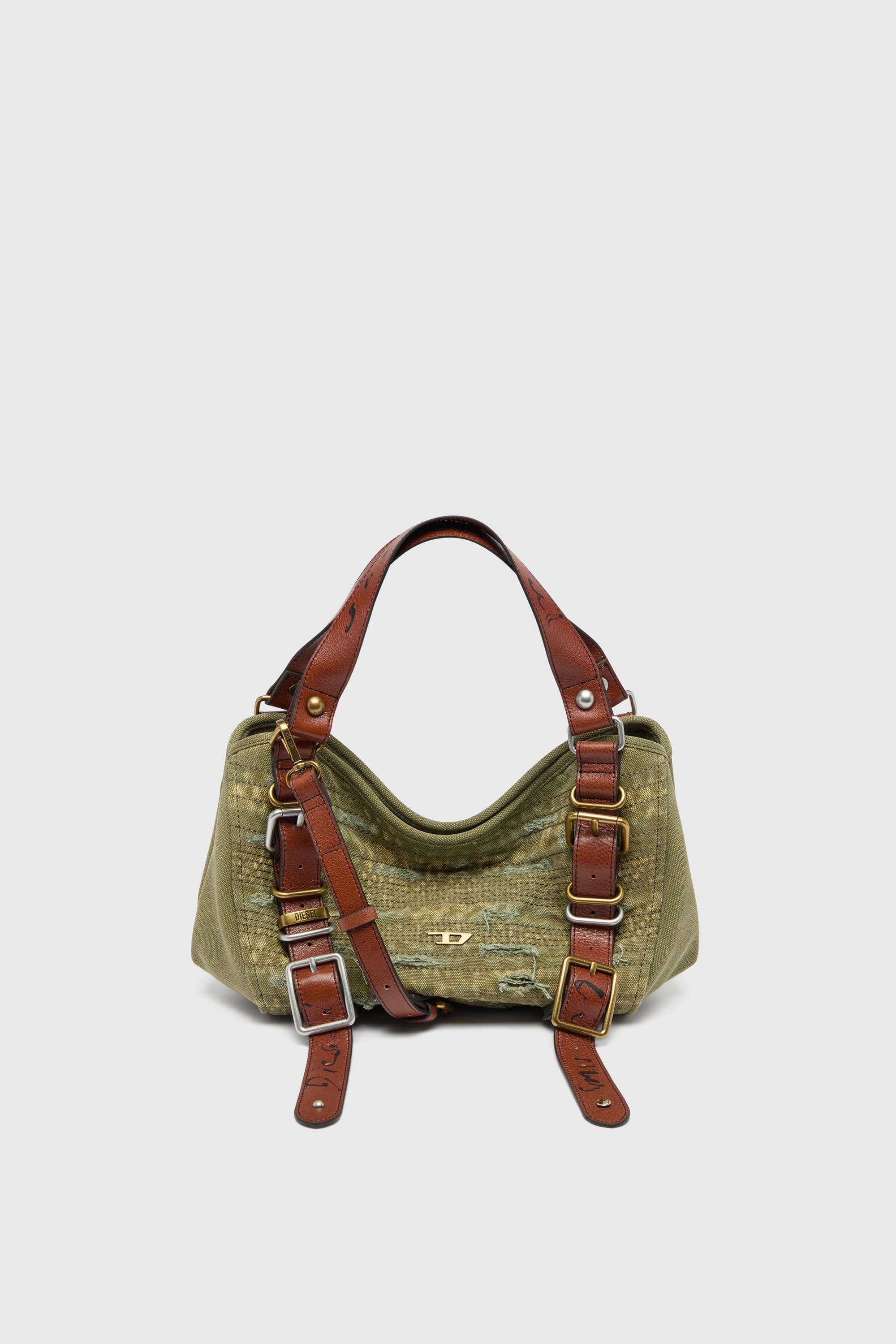 Diesel - D-ONE TOPHANDLE S, Damen D-One-Small Top-Handle-Tasche aus Canvas mit Lederbesatz in Gr&uuml;n - 1
