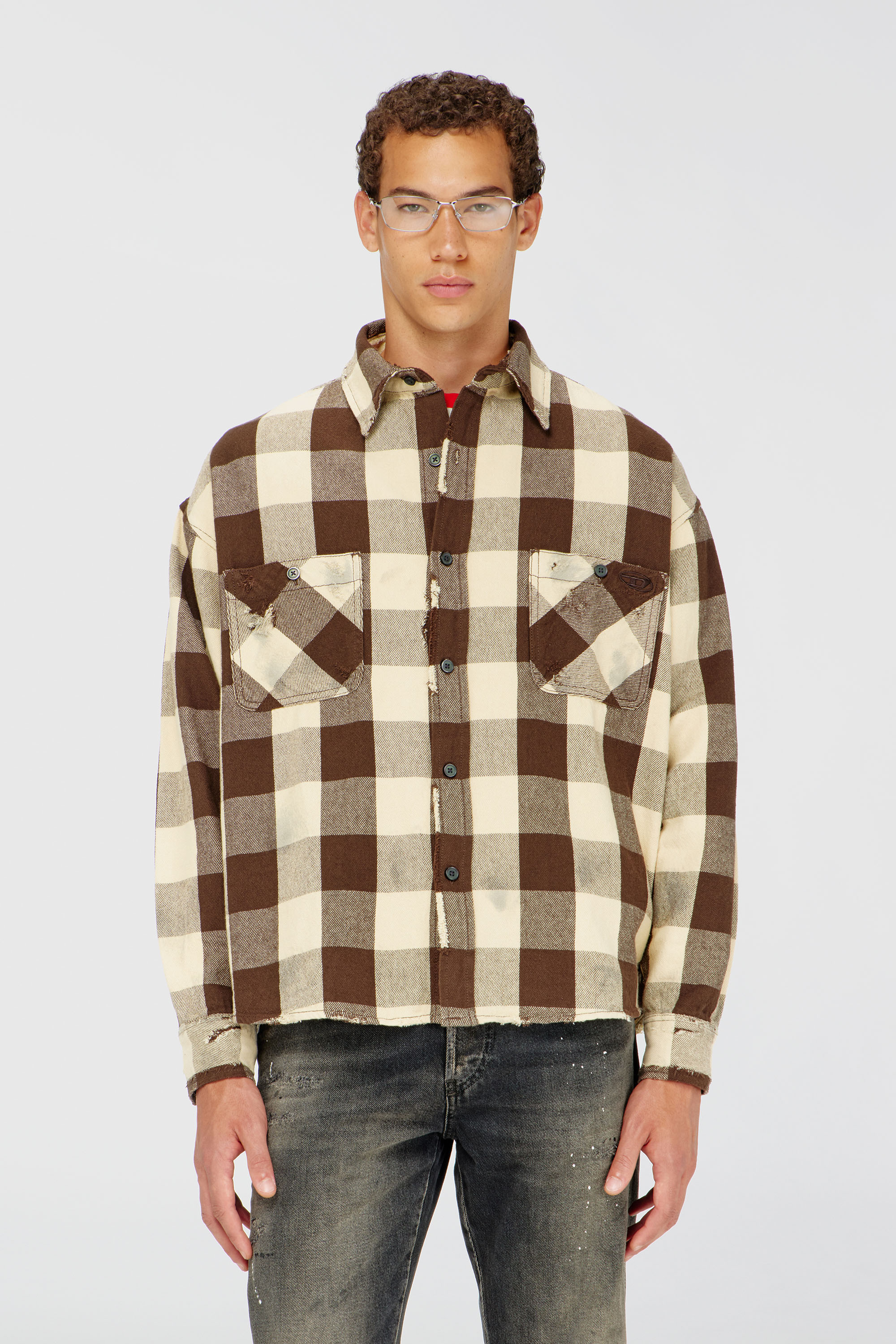 Diesel - S-DRUM, Herren Karohemd mit distressed-Effekt in Beige/Braun - 1