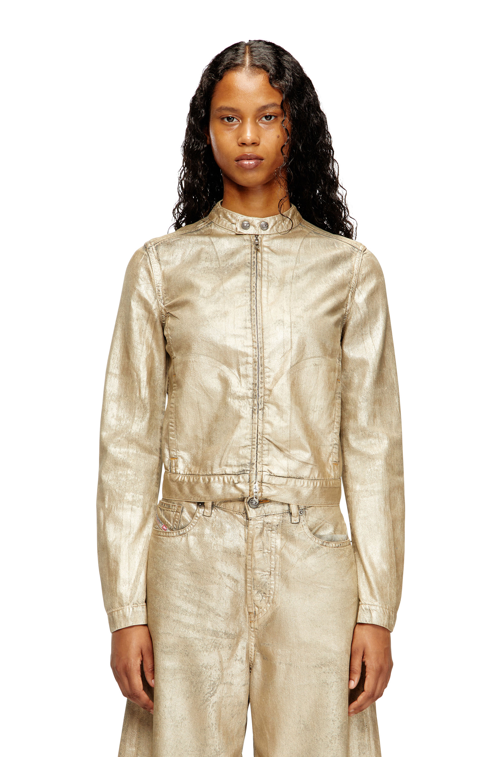 Diesel - DE-MORNIN-KG, Damen Bikerjacke aus distressed Metallic-Denim in Gold - 2