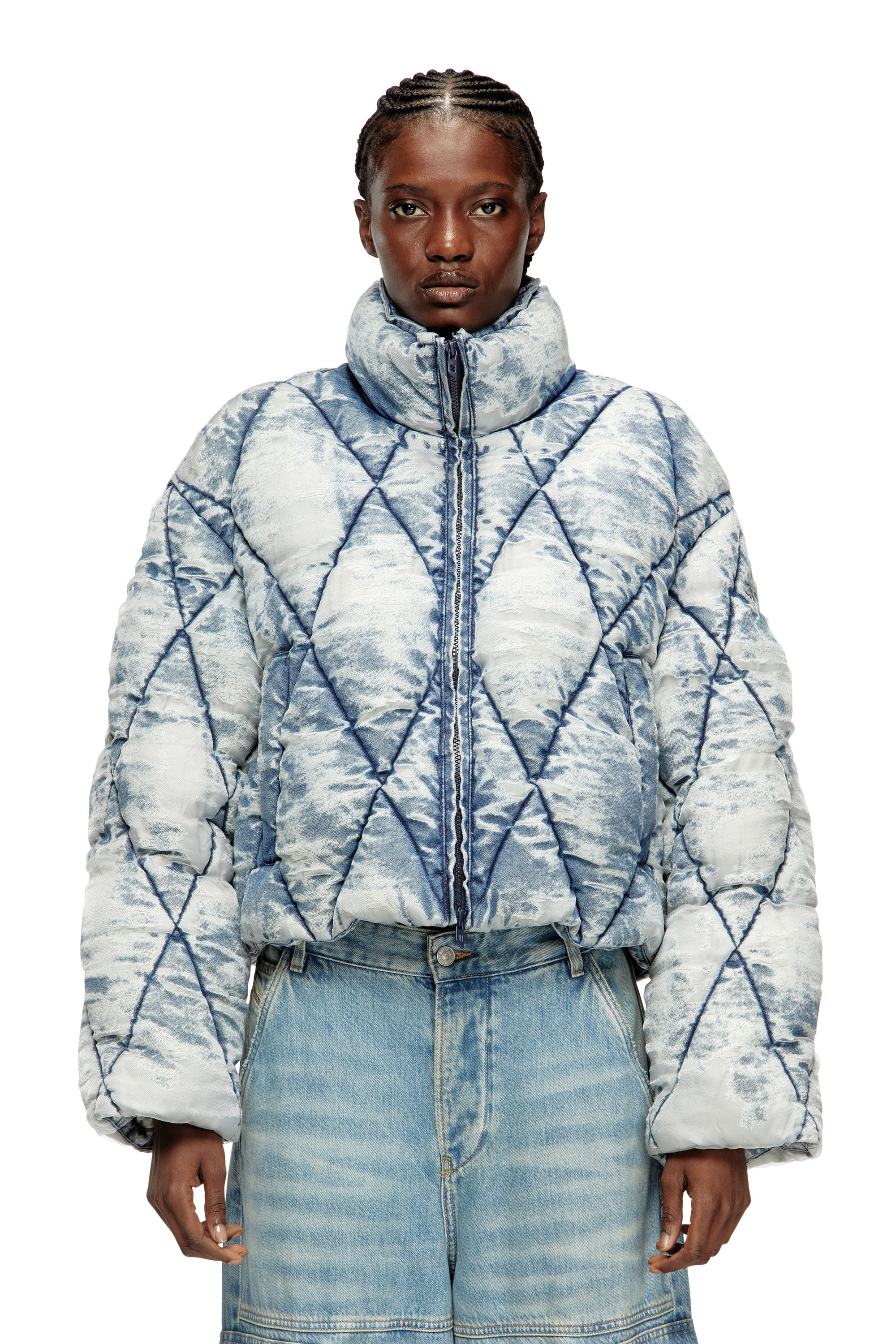 Diesel - W-HISTEL, Damen Daunen-Jacke aus Argyle-gestepptem Dévoré-Shellstoff in Hellblau - 1