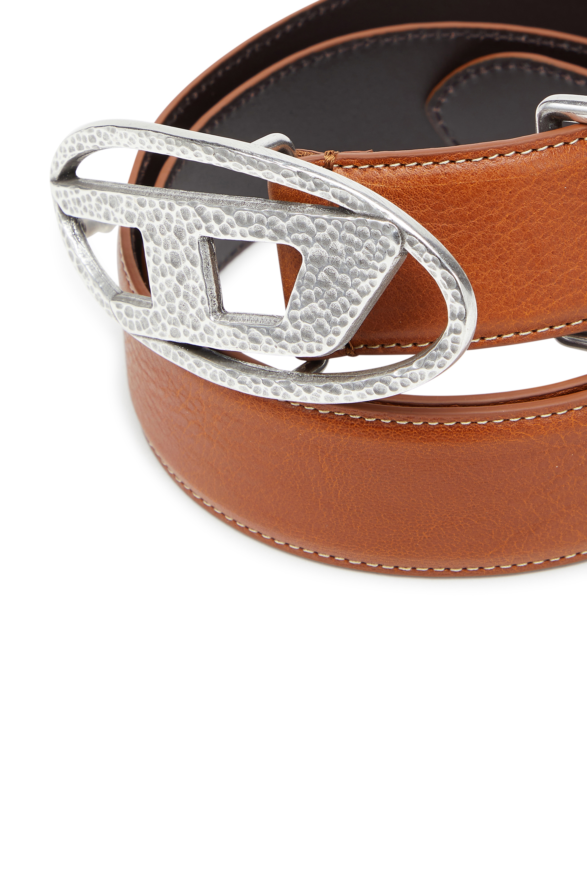 Diesel - B-1DR, Unisex 4 cm Lederg&uuml;rtel mit geh&auml;mmerter Oval D-Schlie&szlig;e in Braun - 3