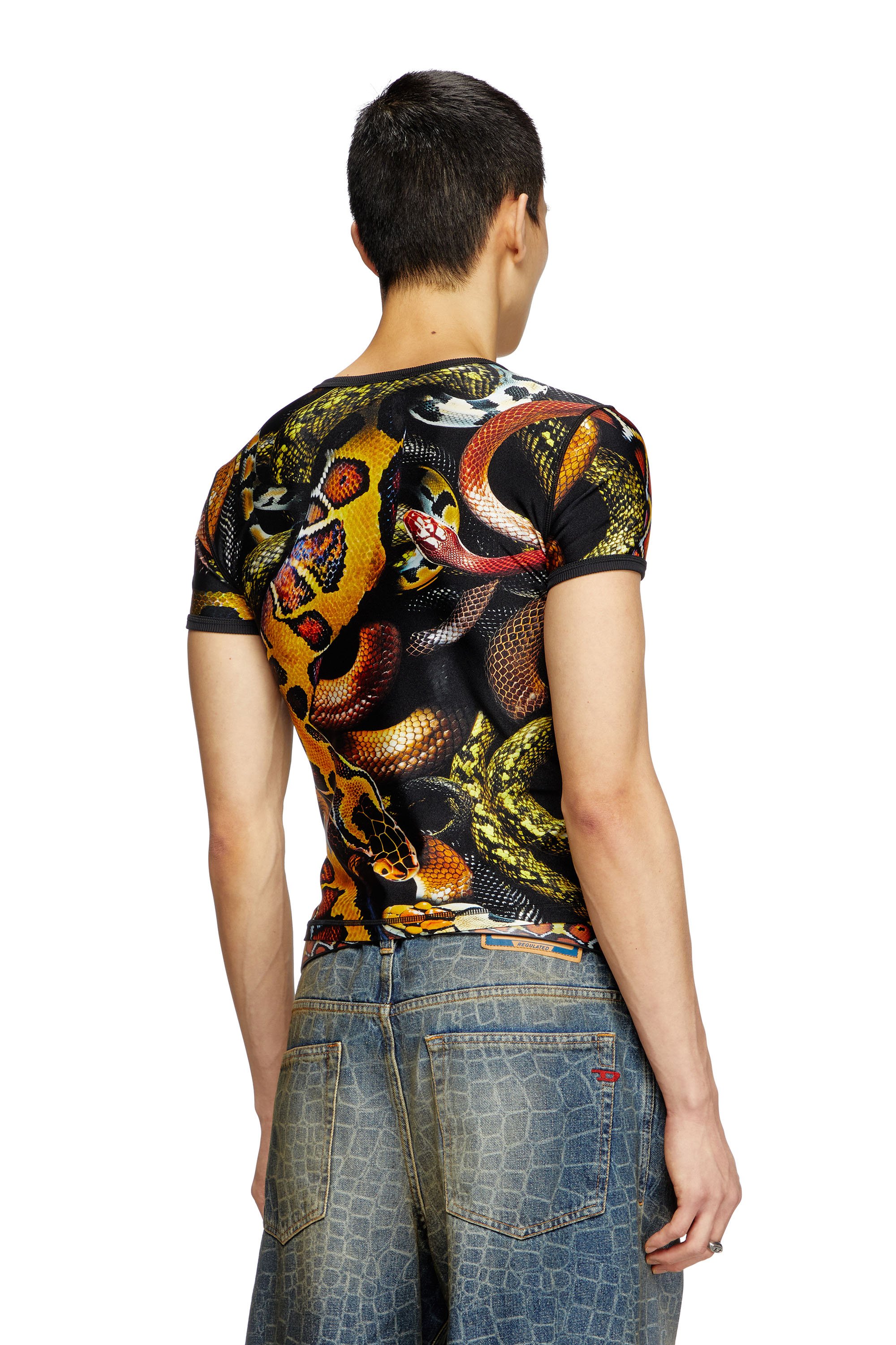 Diesel - CL-T-UNCLE-SNAKE, Unisex T-Shirt aus Lycra mit Allover-Schlangen-Print in Schwarz/Gelb - 4