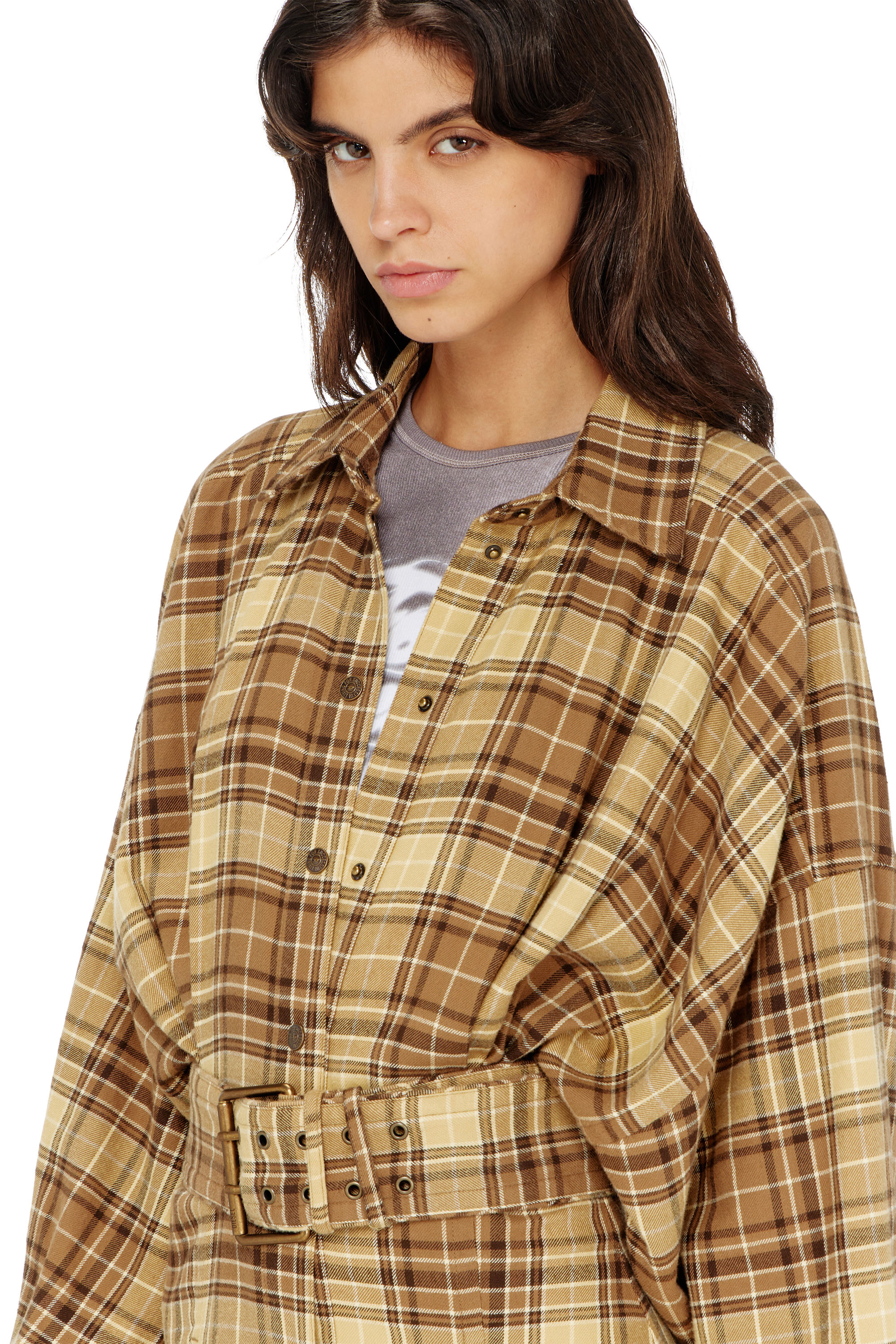 Diesel - D-EDALUS, Damen Midikleid aus kariertem Flanell mit breitem G&uuml;rtel in Braun/Gelb - 5