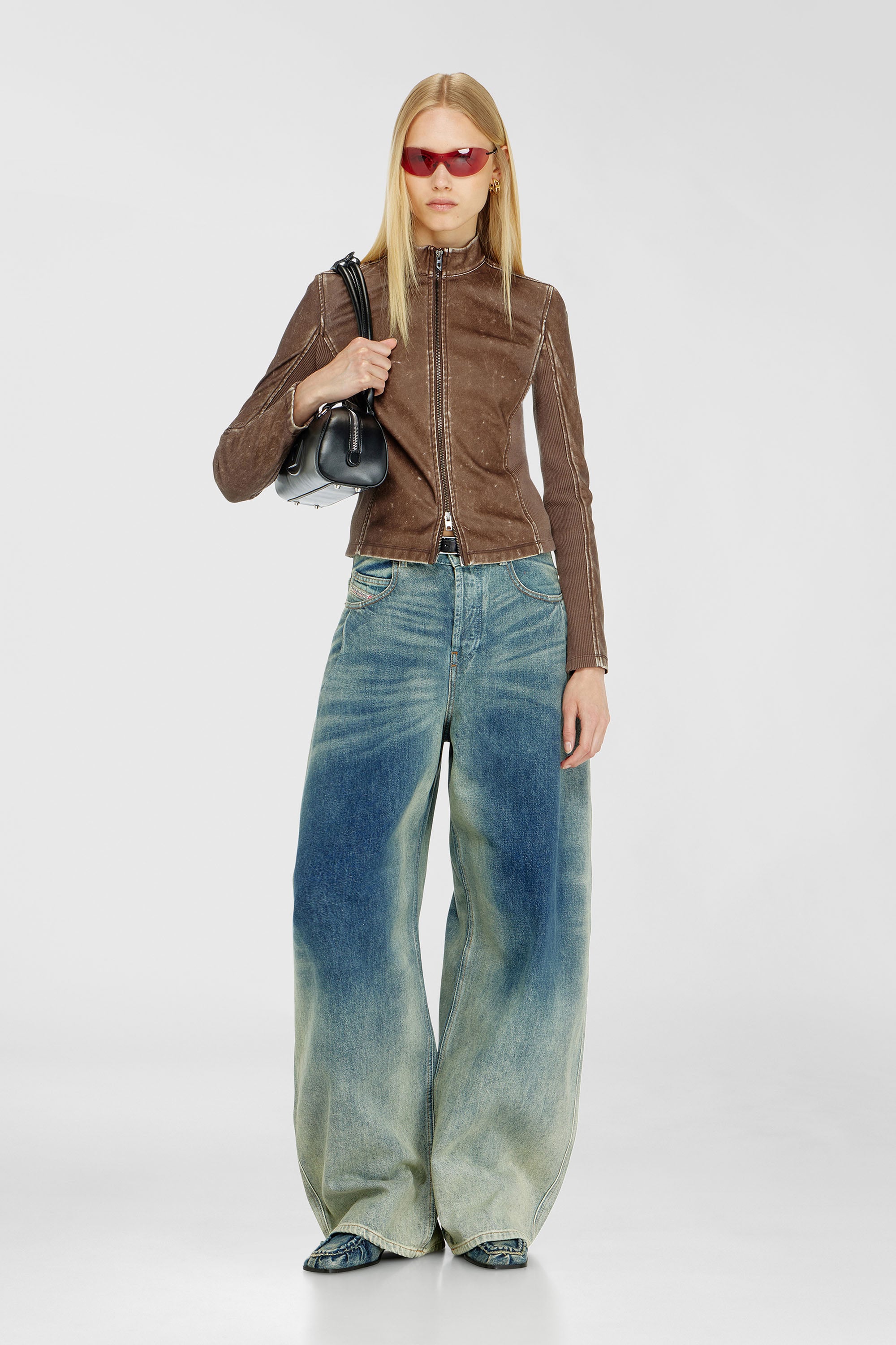 Diesel - T-HUNDER, Damen Bikerjacke mit Rippstrickeins&auml;tzen in Braun - 1