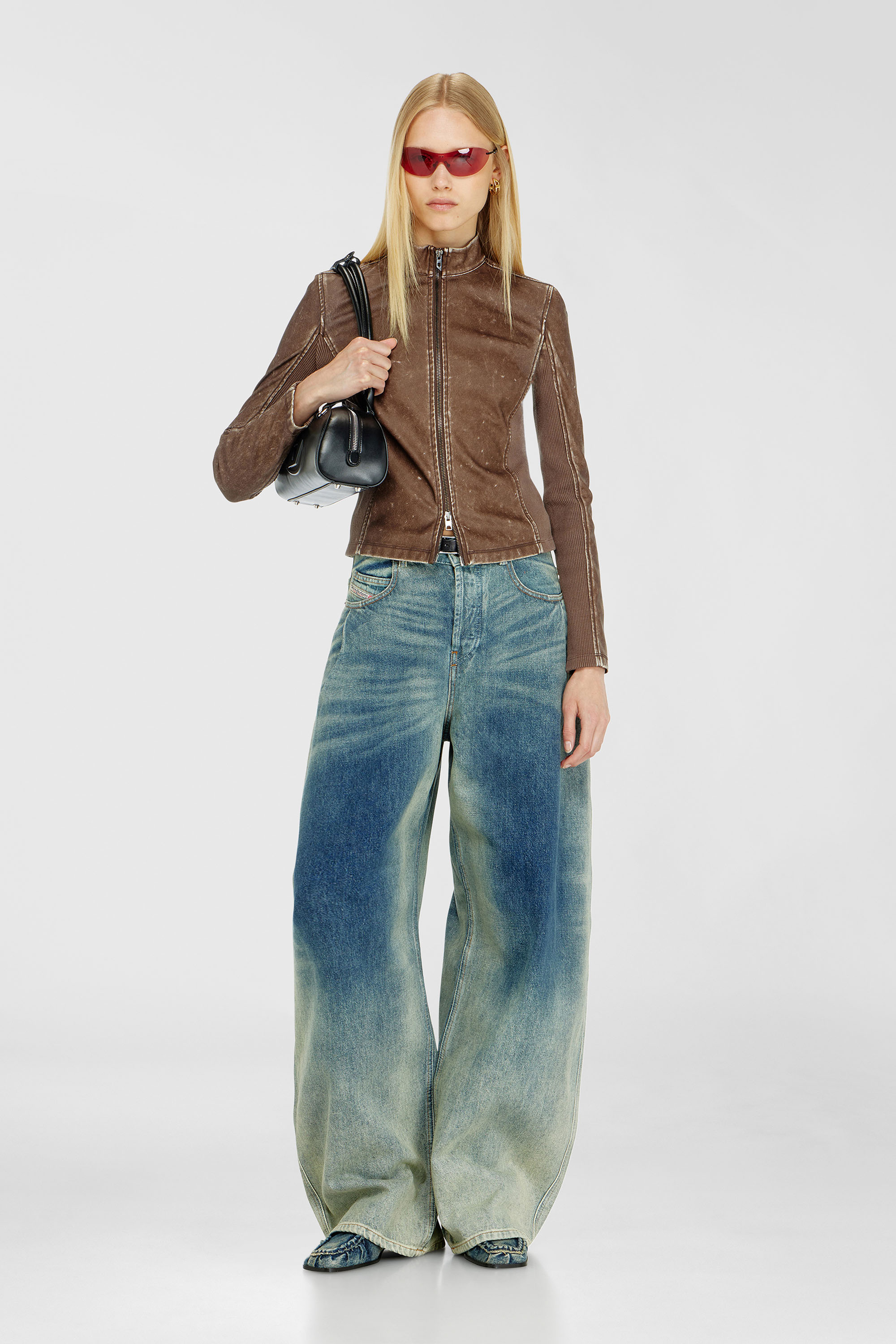 Diesel - T-HUNDER, Damen Bikerjacke mit Rippstrickeins&auml;tzen in Braun - 1