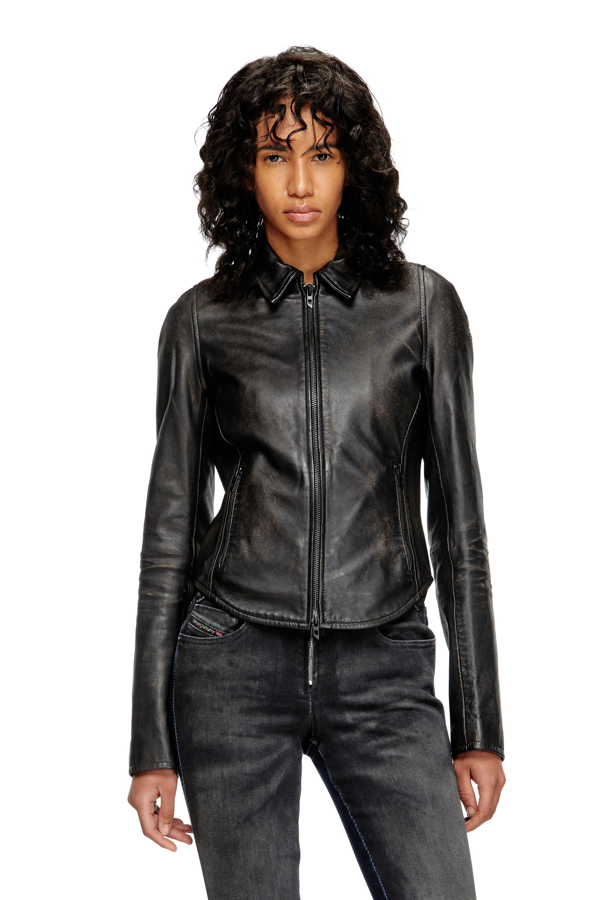 Diesel - L-EGRAD, Damen Distressed-Lederjacke in Schwarz - 1