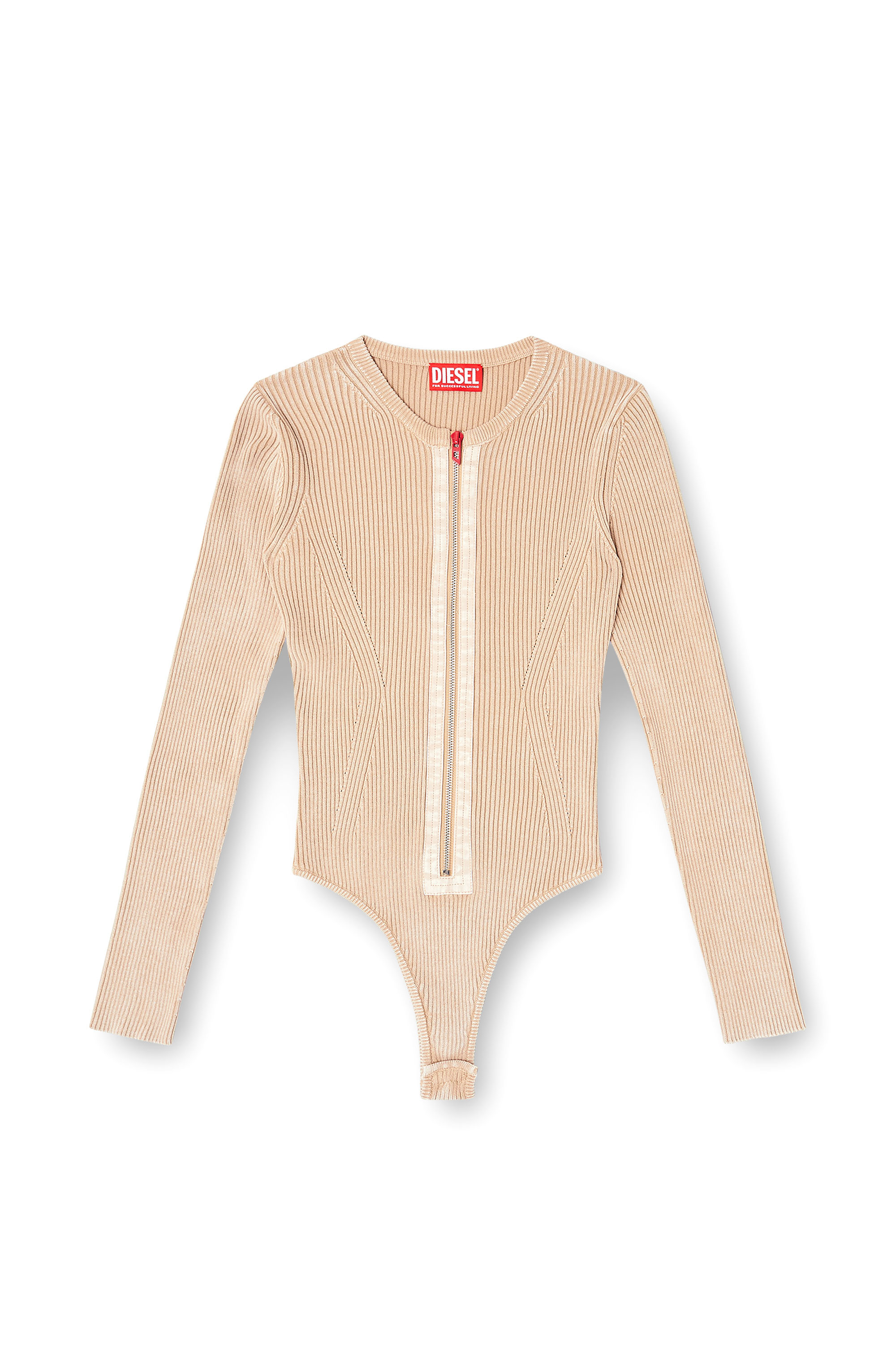 Diesel - M-GILDE, Damen Rei&szlig;verschluss-Cardigan aus gerippter Baumwolle in Beige - 3
