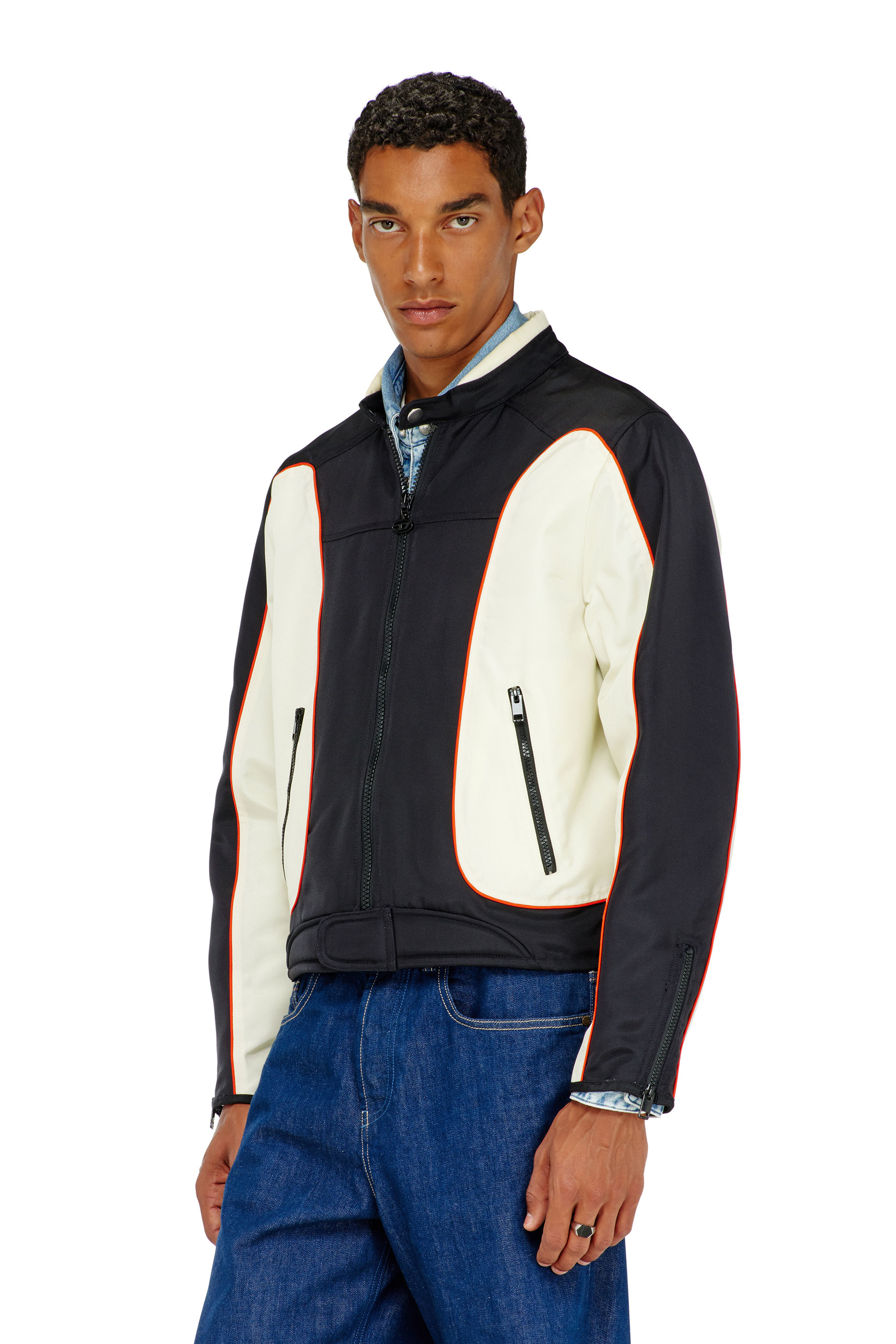 Diesel - J-BLINK-A, Herren Colour-Block-Biker-Jacke mit Paspelierung in Weiss/Schwarz - 1