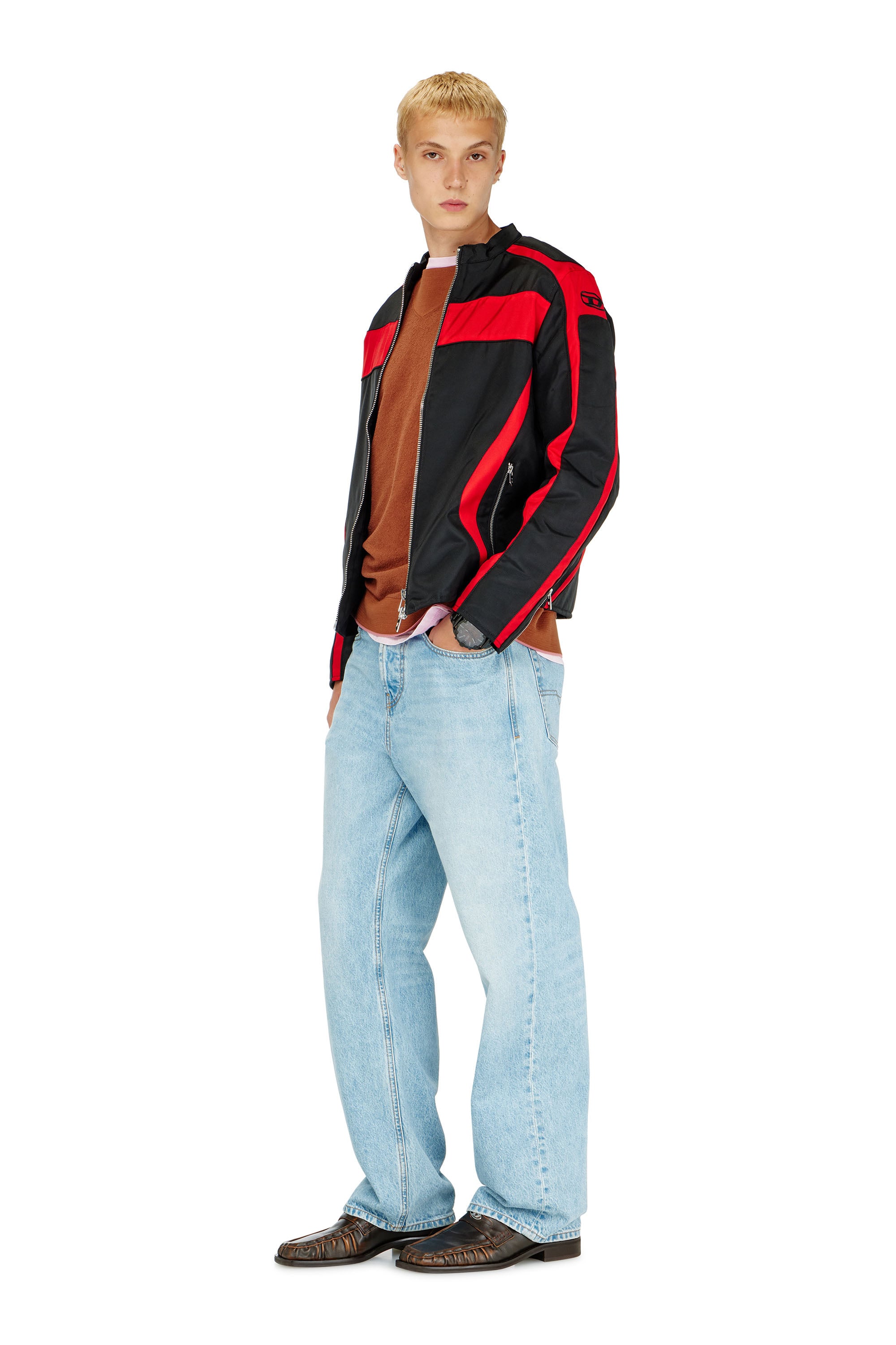 Diesel - J-ADAM-PDAI, Herren Bikerjacke im Colourblock-Design aus Canvas in Schwarz/Rot - 2