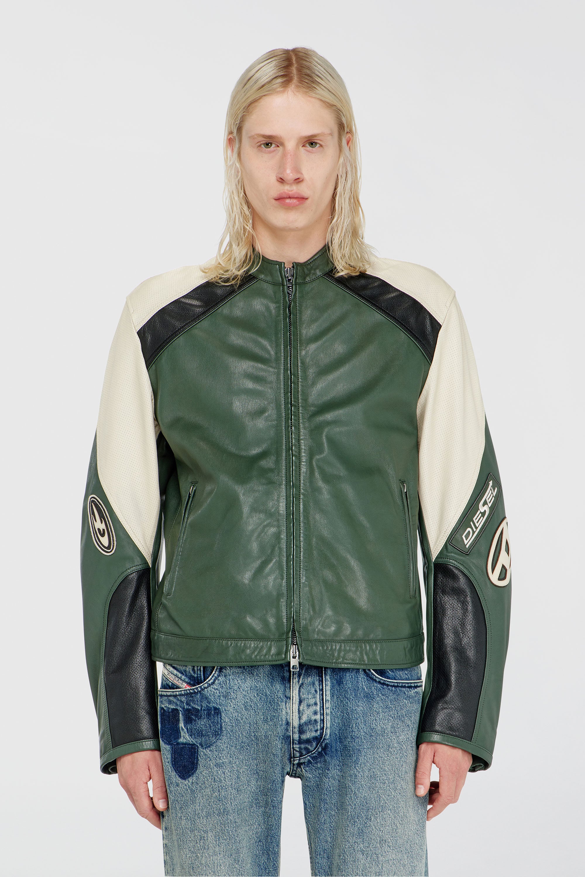 Diesel - L-AHTI, Herren Bikerjacke aus perforiertem Colour-Block-Leder in Beige/Schwarz - 5