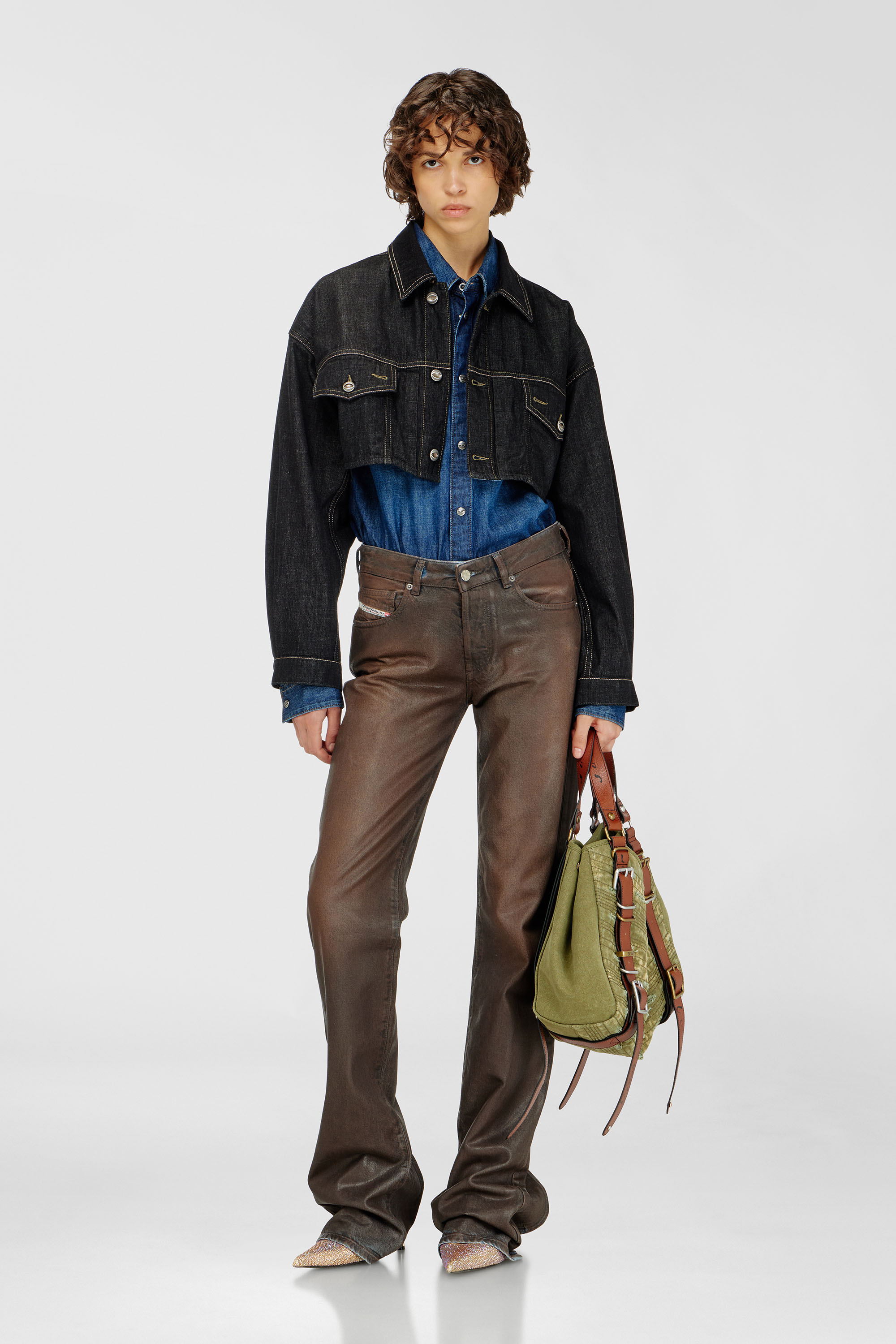 Diesel - DE-MALLEY, Damen Oversized cropped Trucker-Jacke aus rinse denim in Schwarz - 1