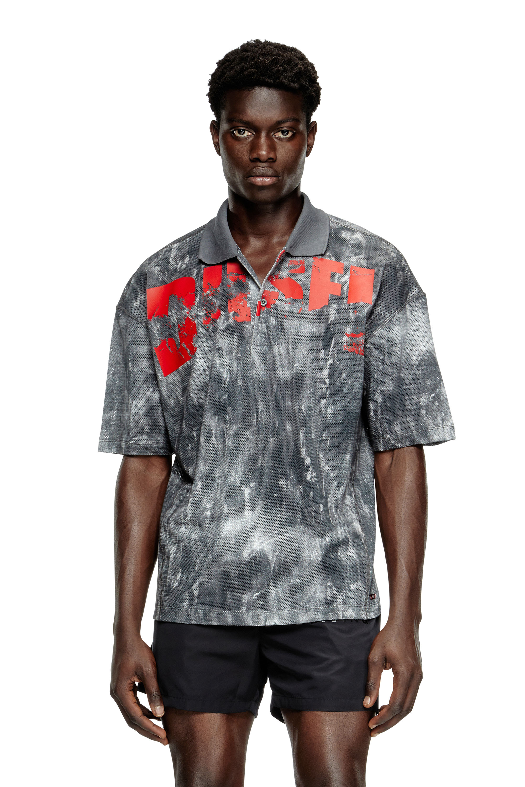 Diesel - TIMOTHEE-D-POP, Herren Strand-Polohemd aus bedrucktem Mesh in Schwarz/Rot - 1