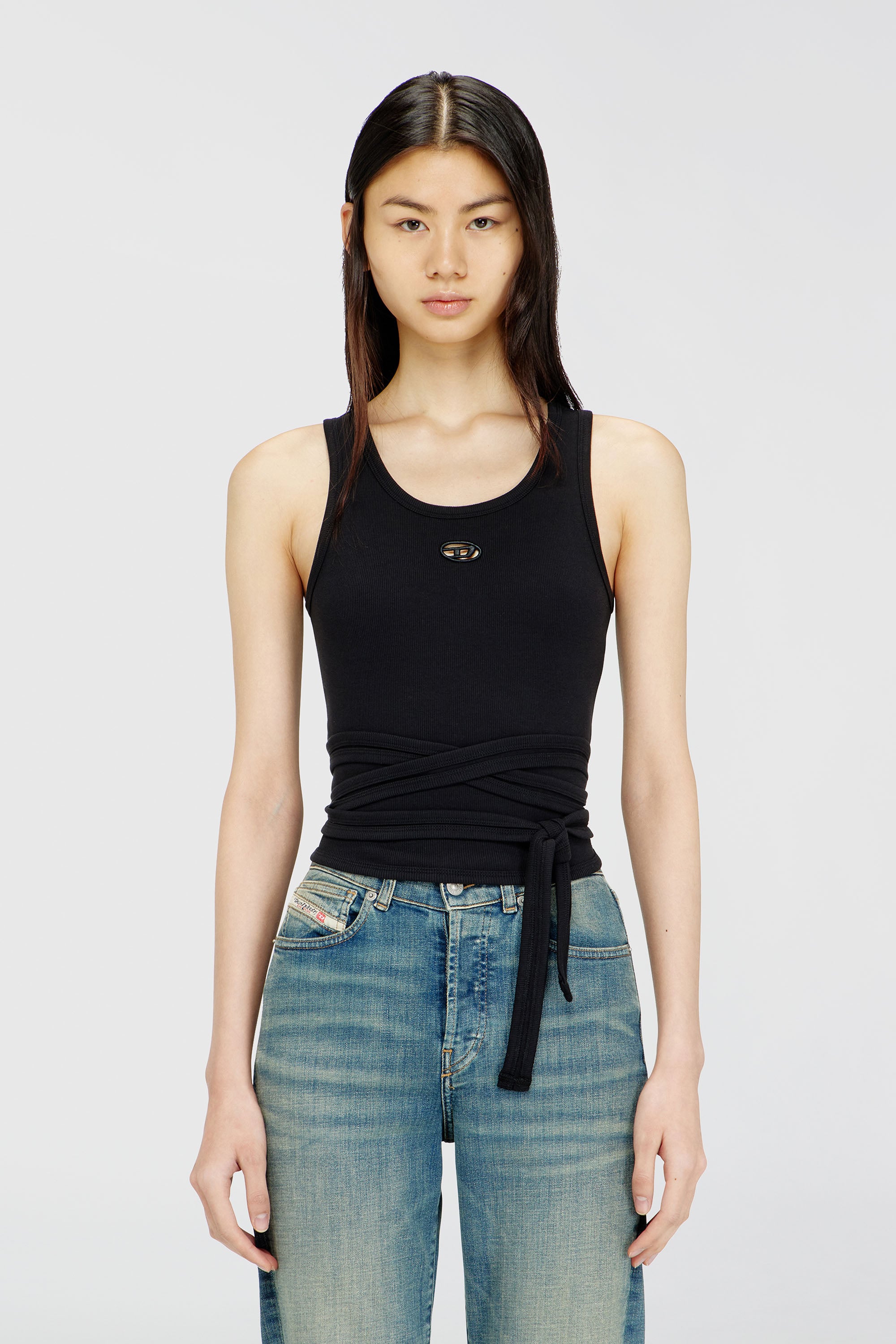 Diesel - T-ANKY-TAIL-S1, Damen Crop-Top mit Wickelschn&uuml;ren in Schwarz - 1