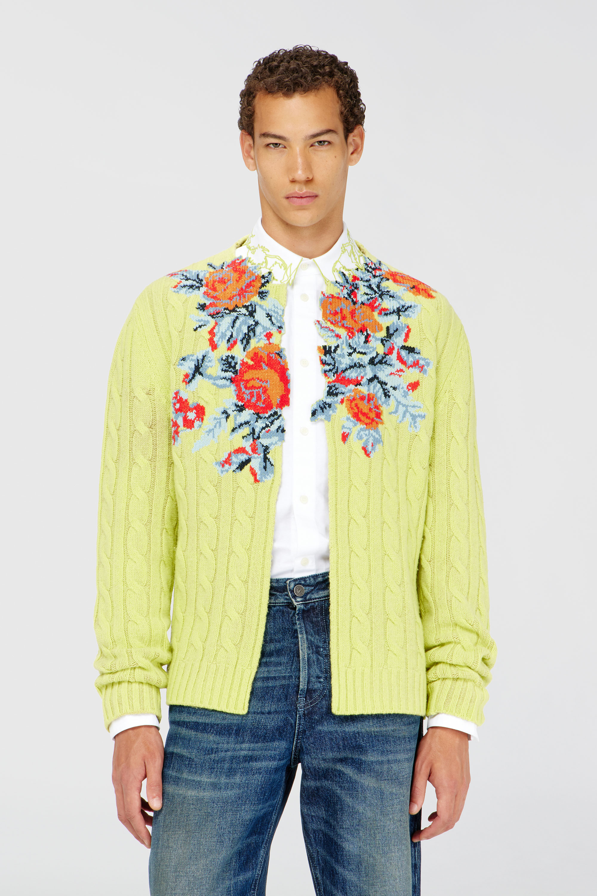 Diesel - K-RINO, Herren Offener Cardigan aus floraler Zopfmusterstrick in Neongelb - 2