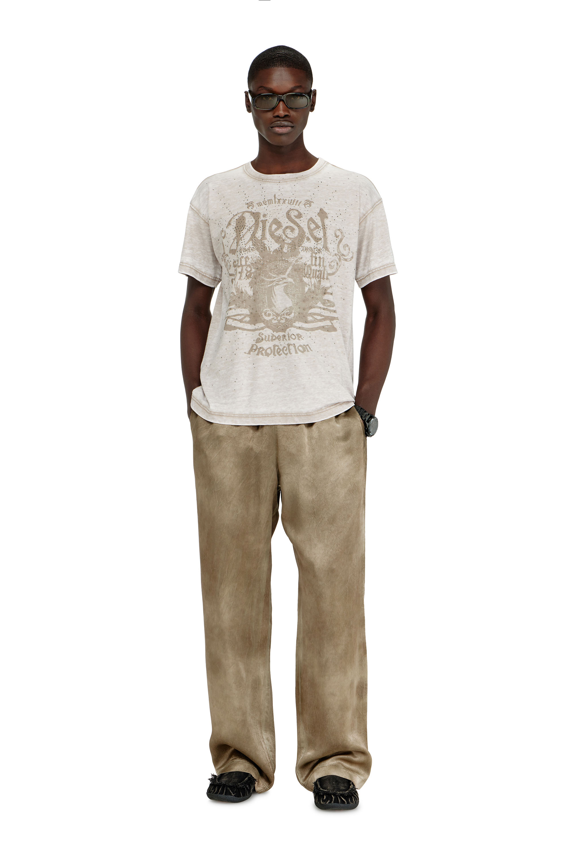 Diesel - T-NORM-AA8, Herren Jersey-T-Shirt mit burnout wash und Nieten in Beige - 1