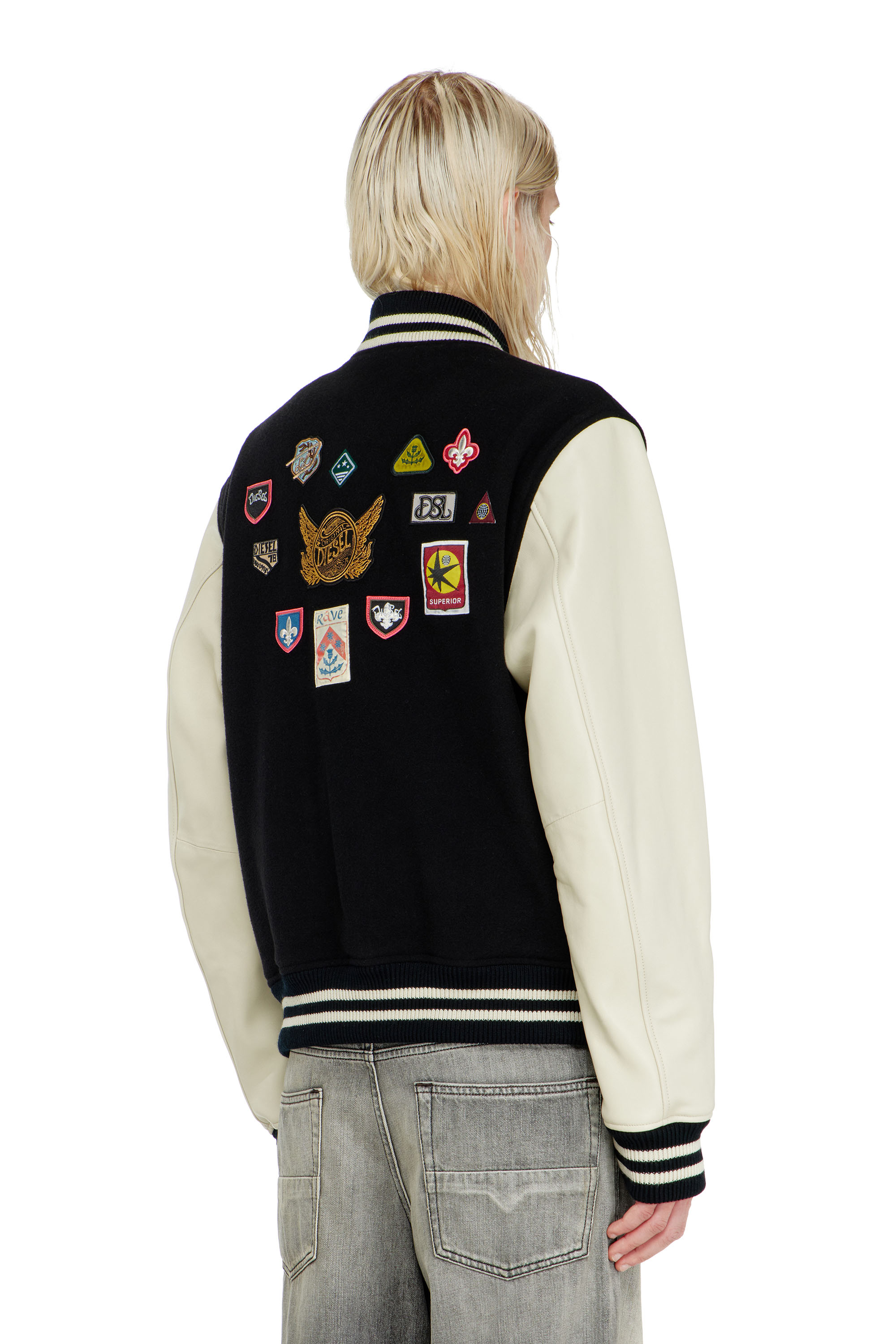 Diesel - L-ARRY-PATCH, Herren Bomberjacke aus Wolle und Leder mit Patches in Weiss/Schwarz - 4