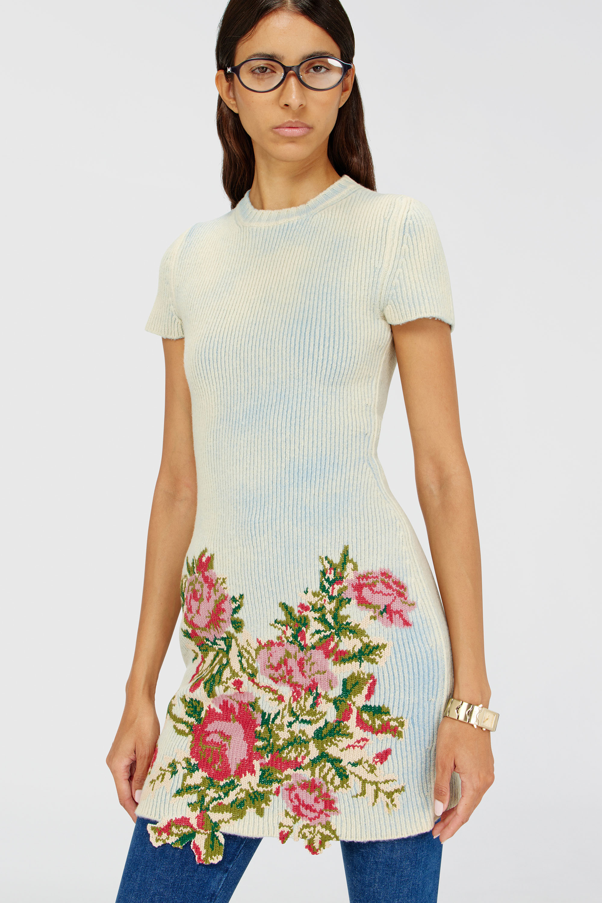 Diesel - M-RINNIE, Damen Kurzes Kleid aus Wollmischung mit Blumenmuster in Rosa/Blau - 5