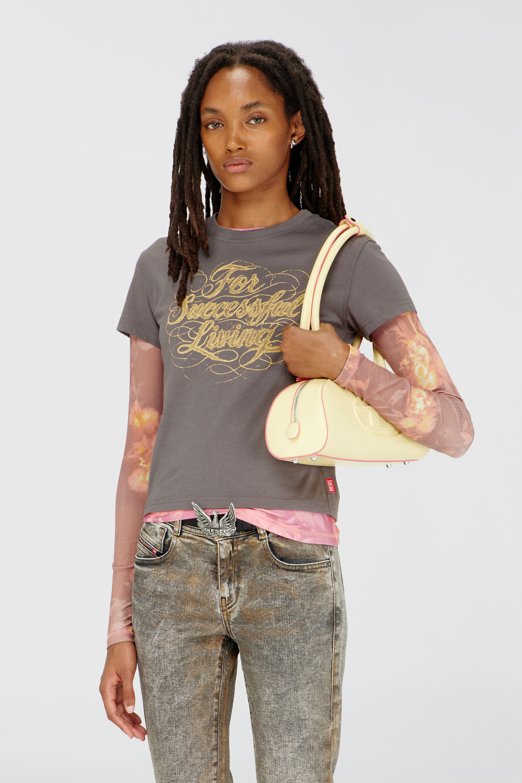 Diesel - T-ILA-AA4, Damen T-Shirt mit Logo-Print in Grau - 3