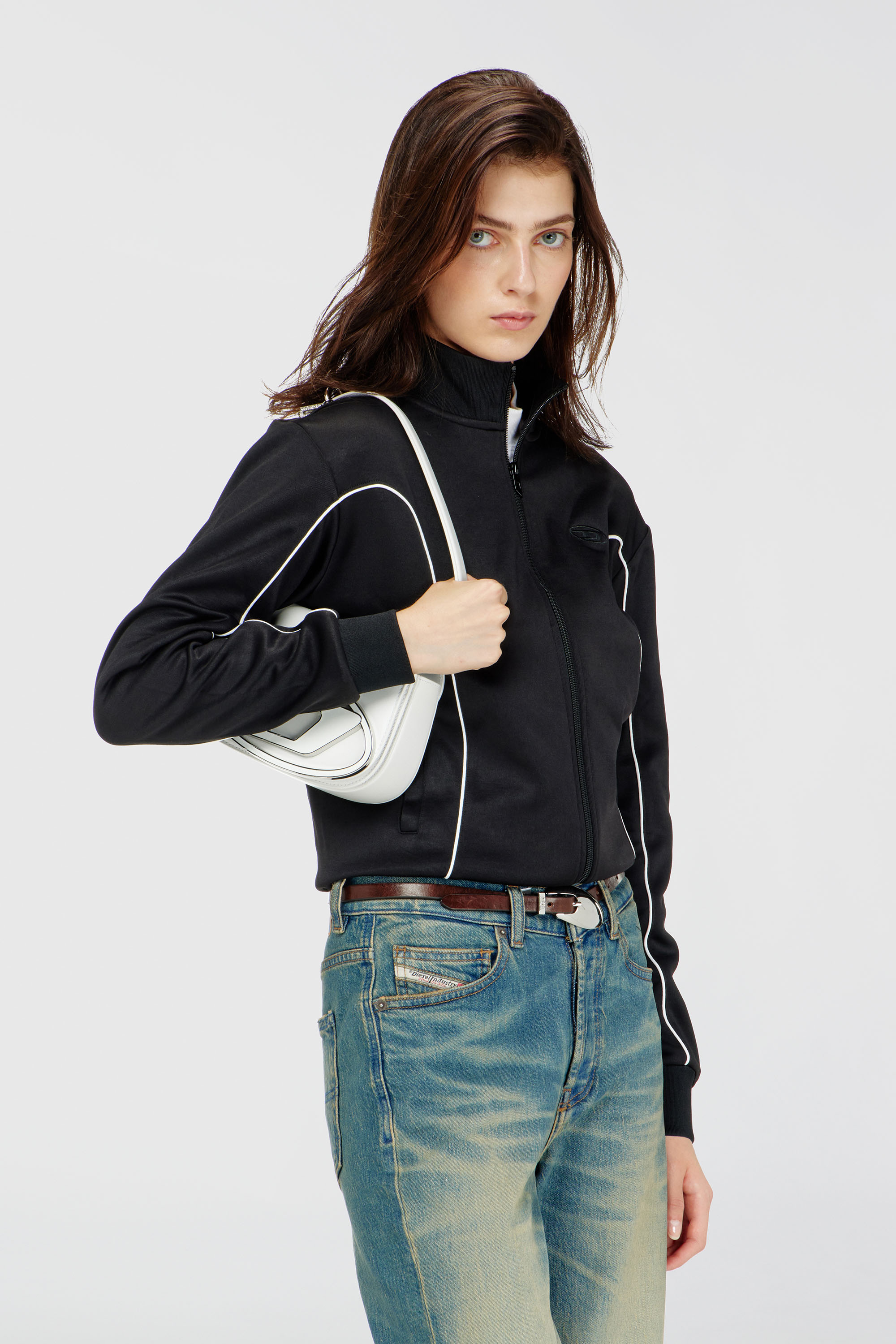 Diesel - F-LOCKING-OD, Damen Sweatjacke mit Kontrastpaspel in Schwarz/Weiss - 1