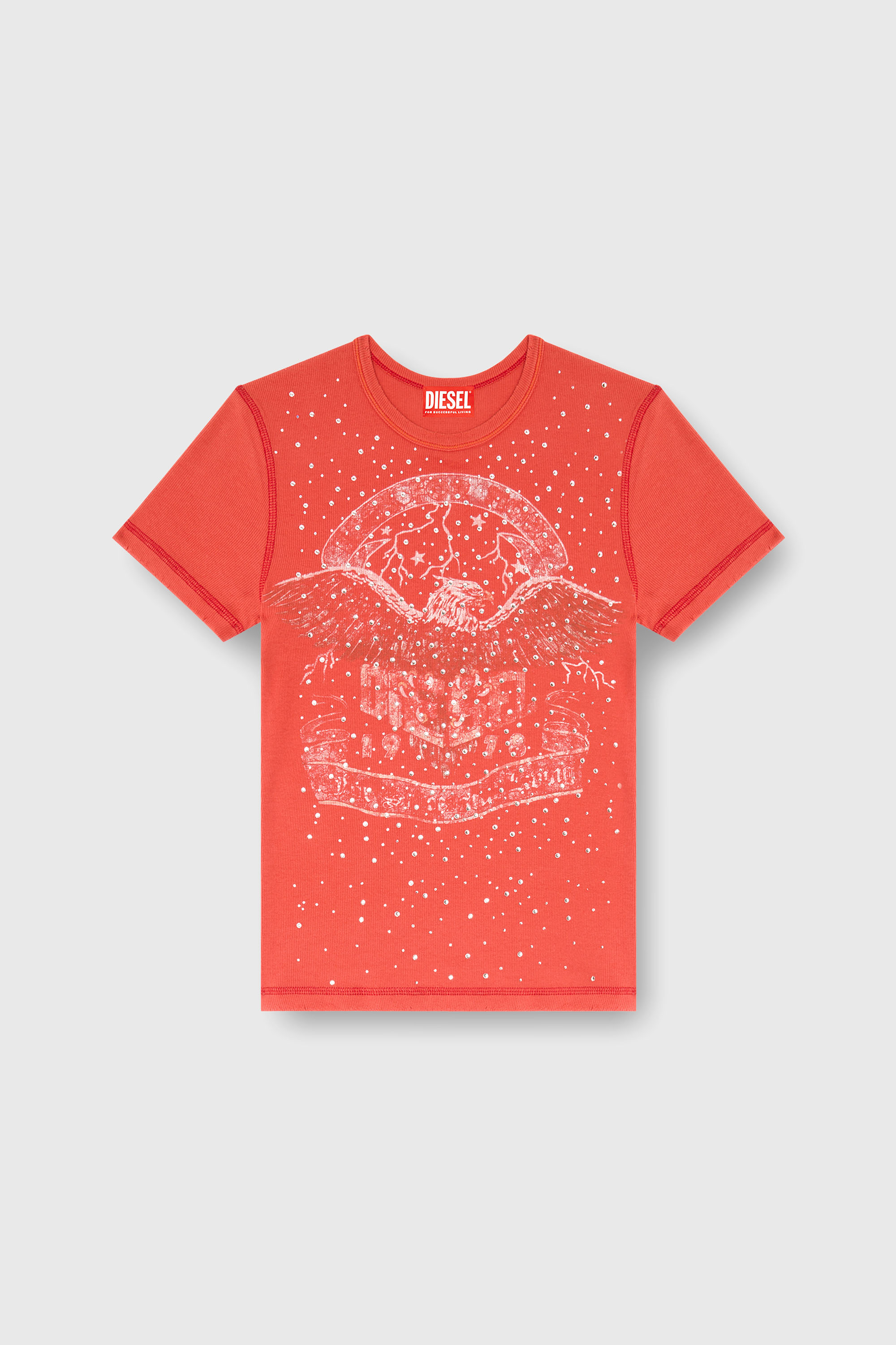 Diesel - T-MARSY-RIB-CRY, Damen T-Shirt mit Konzertgrafik und Kristallen in Rot - 2
