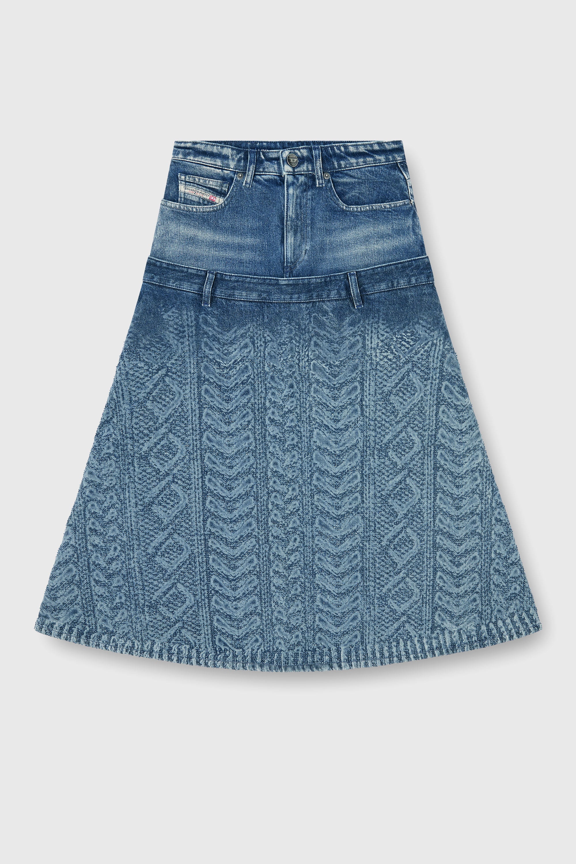 Diesel - DE-VORYA-S1, Damen Midi-Rock aus Denim mit Zopfmuster-Effekt in Mittelblau - 2