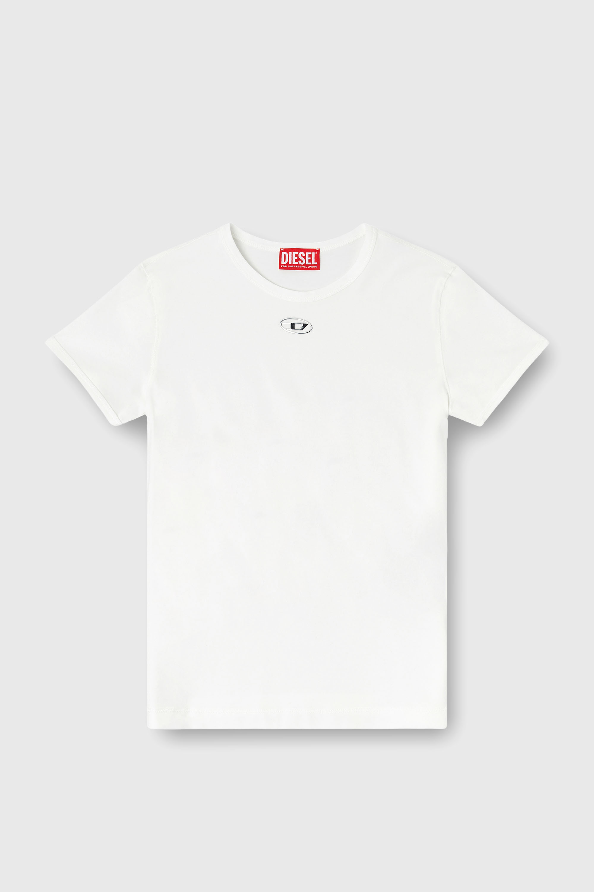 Diesel - T-UNCUTIESLONG-OD, Damen Schmal geschnittenes T-Shirt mit metallischem Oval D in Wei&szlig; - 2