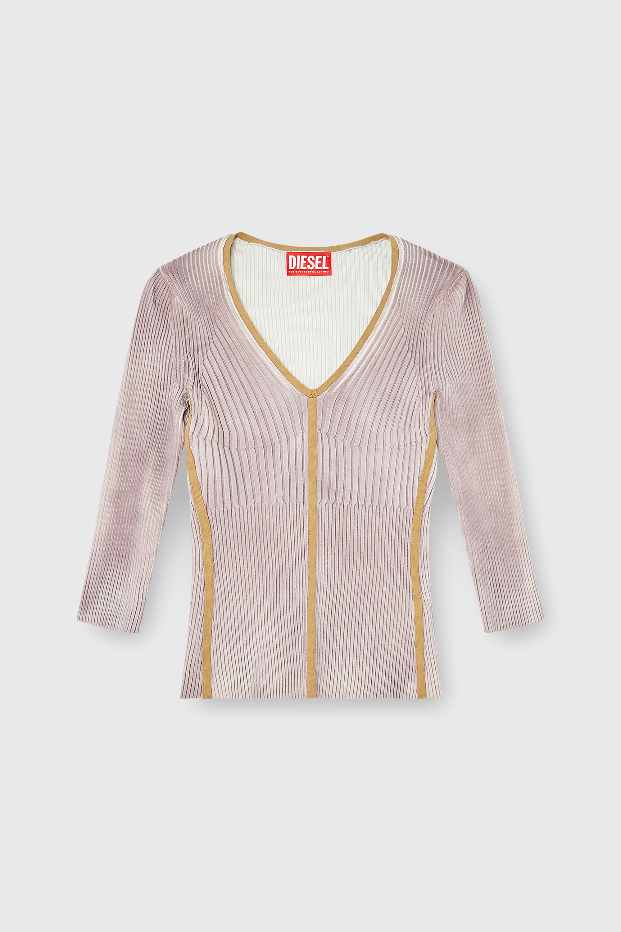 Diesel - M-SARMANI, Damen Gerippter V-Ausschnitt-Pullover mit kontrastierenden Streifen in Lila - 2