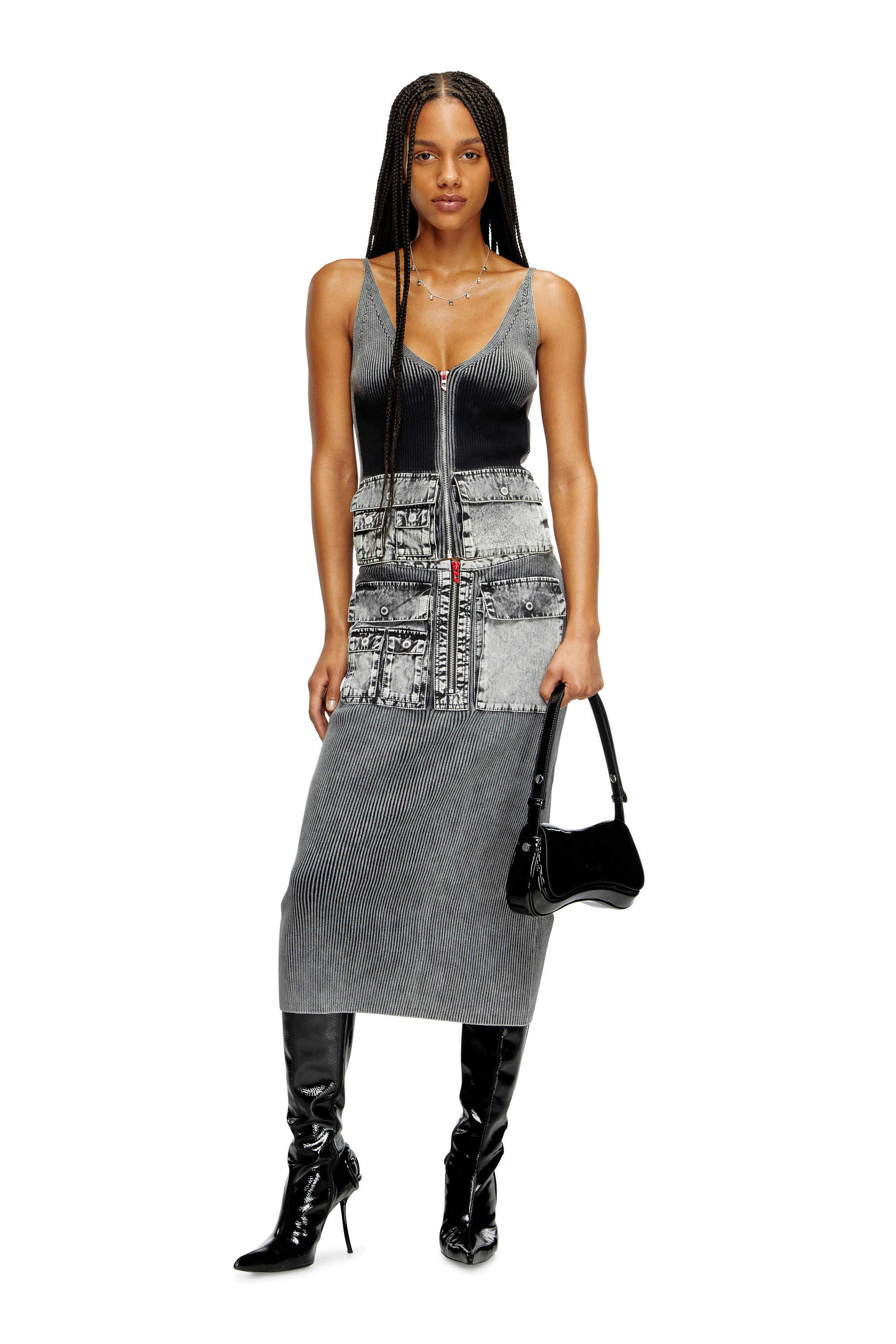 Diesel - M-MELLY, Damen Tanktop aus Strick mit Cargotaschen aus Denim in Dunkelgrau - 2
