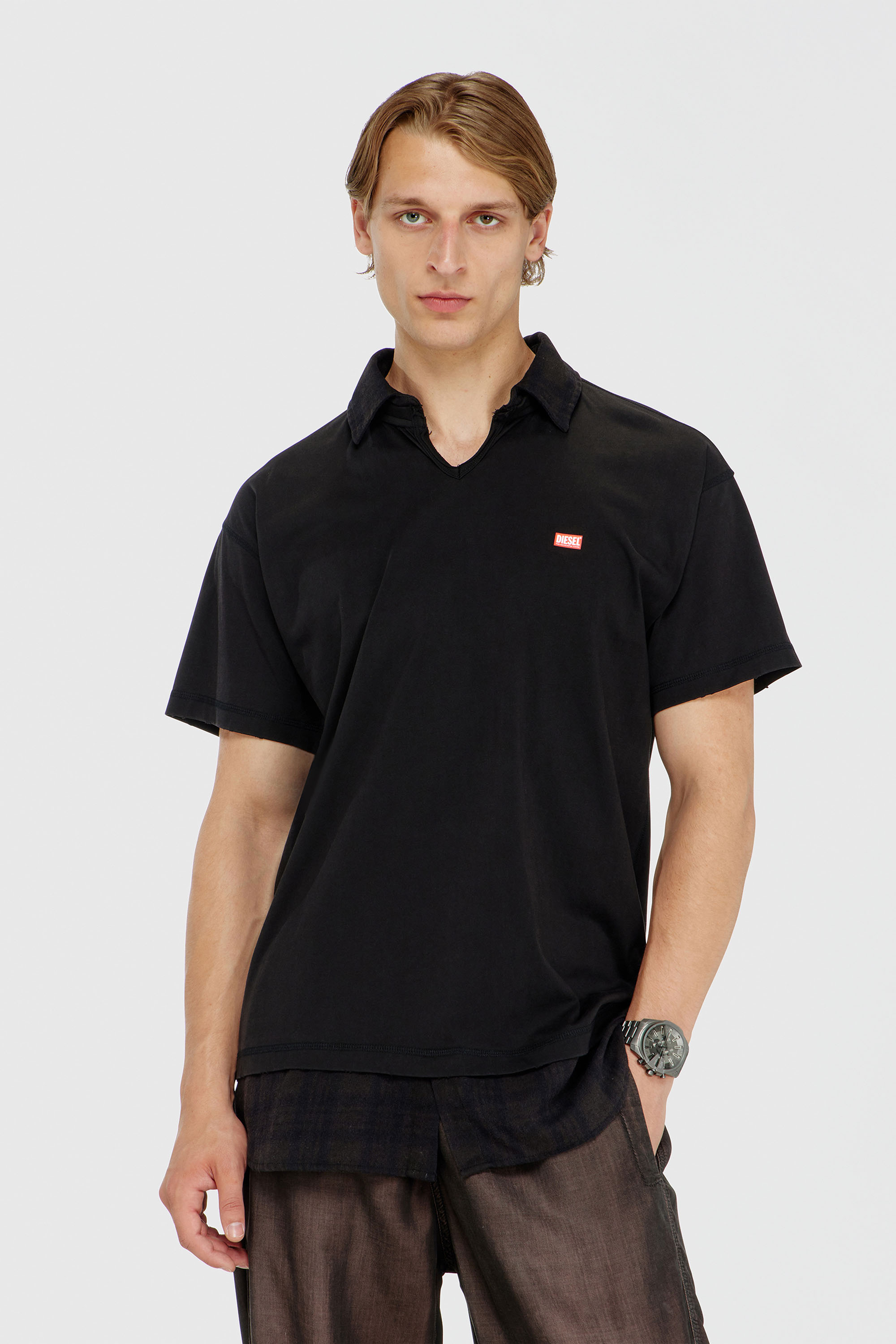 Diesel - T-ANSEL, Herren Jersey-Poloshirt mit Flanellkaro-Details in Schwarz - 3