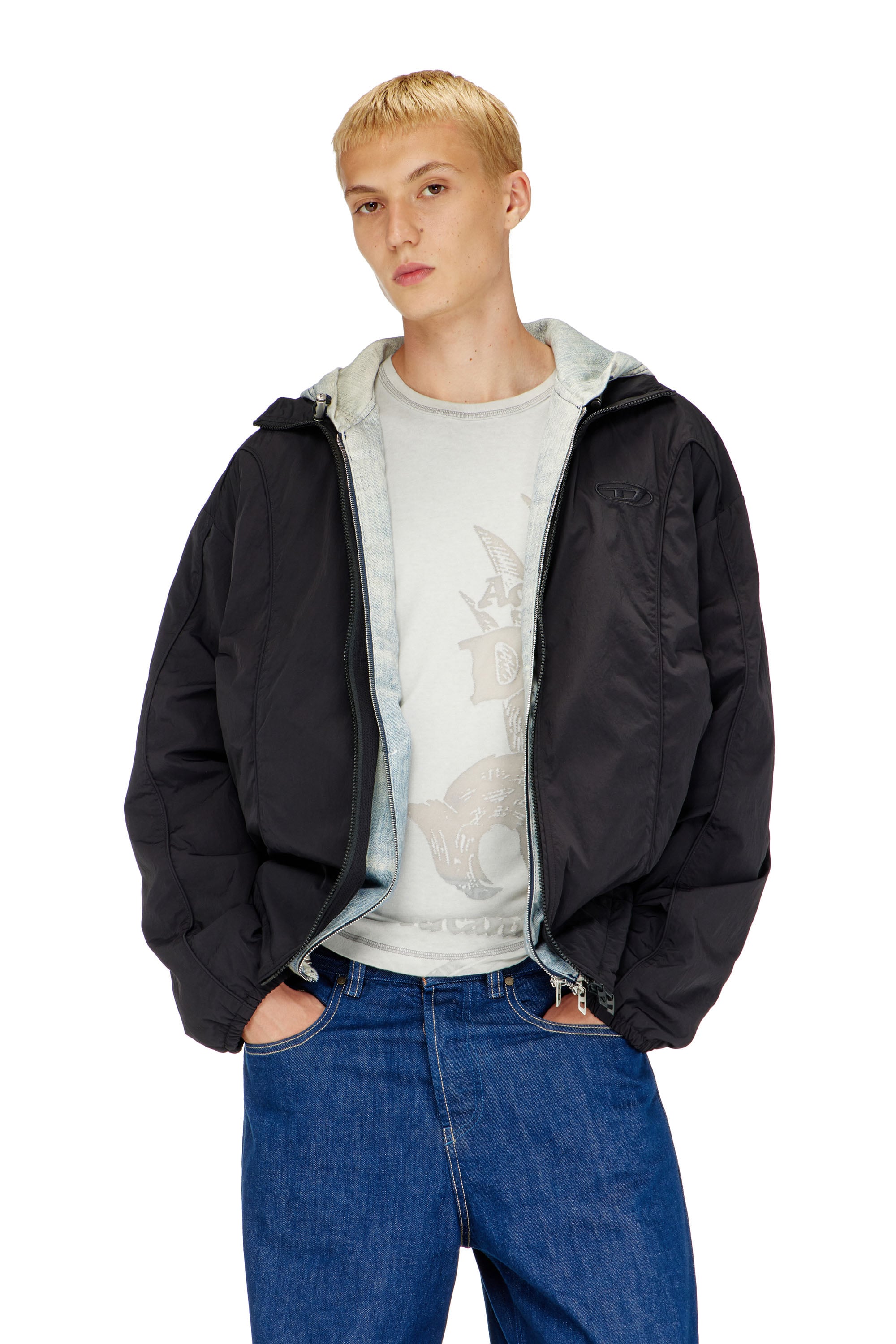 Diesel - J-FIVE-WRD-AKAD, Herren Jacke aus geknittertem Nylon mit Paspeln in Schwarz - 1