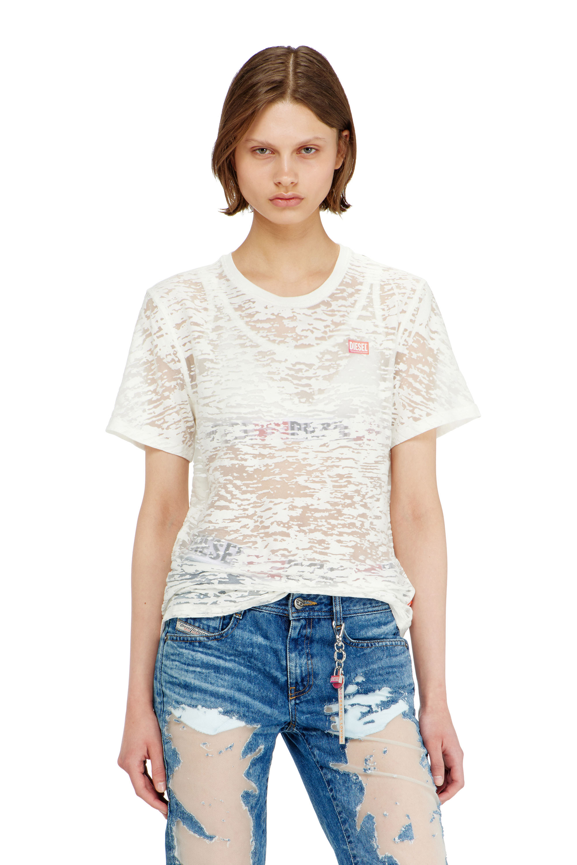 Diesel - PR-T-NOTS-MATI-R, Unisex T-shirt aus all-over devor&eacute;-Jersey in Wei&szlig; - 1