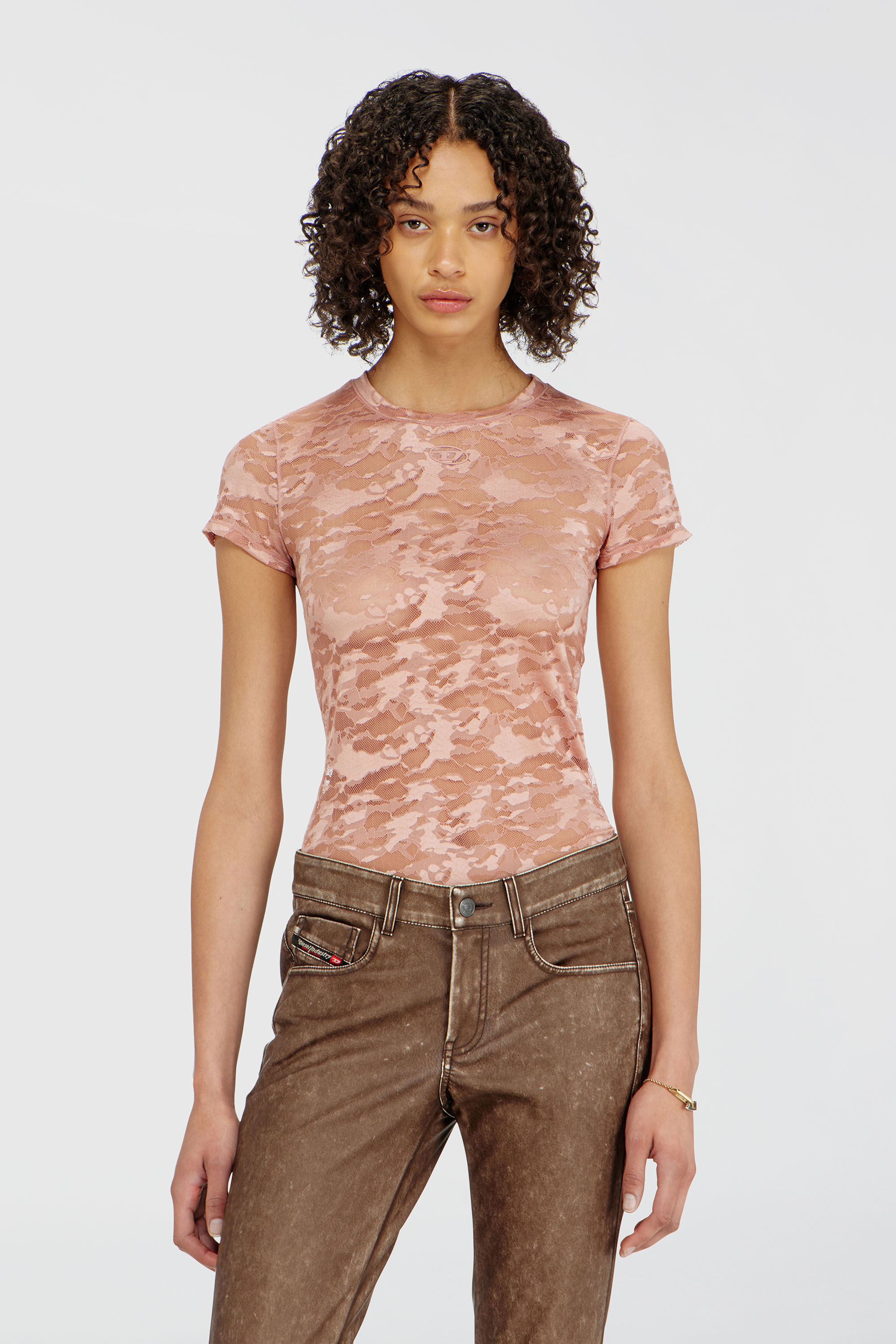 Diesel - KASIA-UTLT, Damen T-Shirt mit Camouflage-Spitze in Fleischfarben - 1