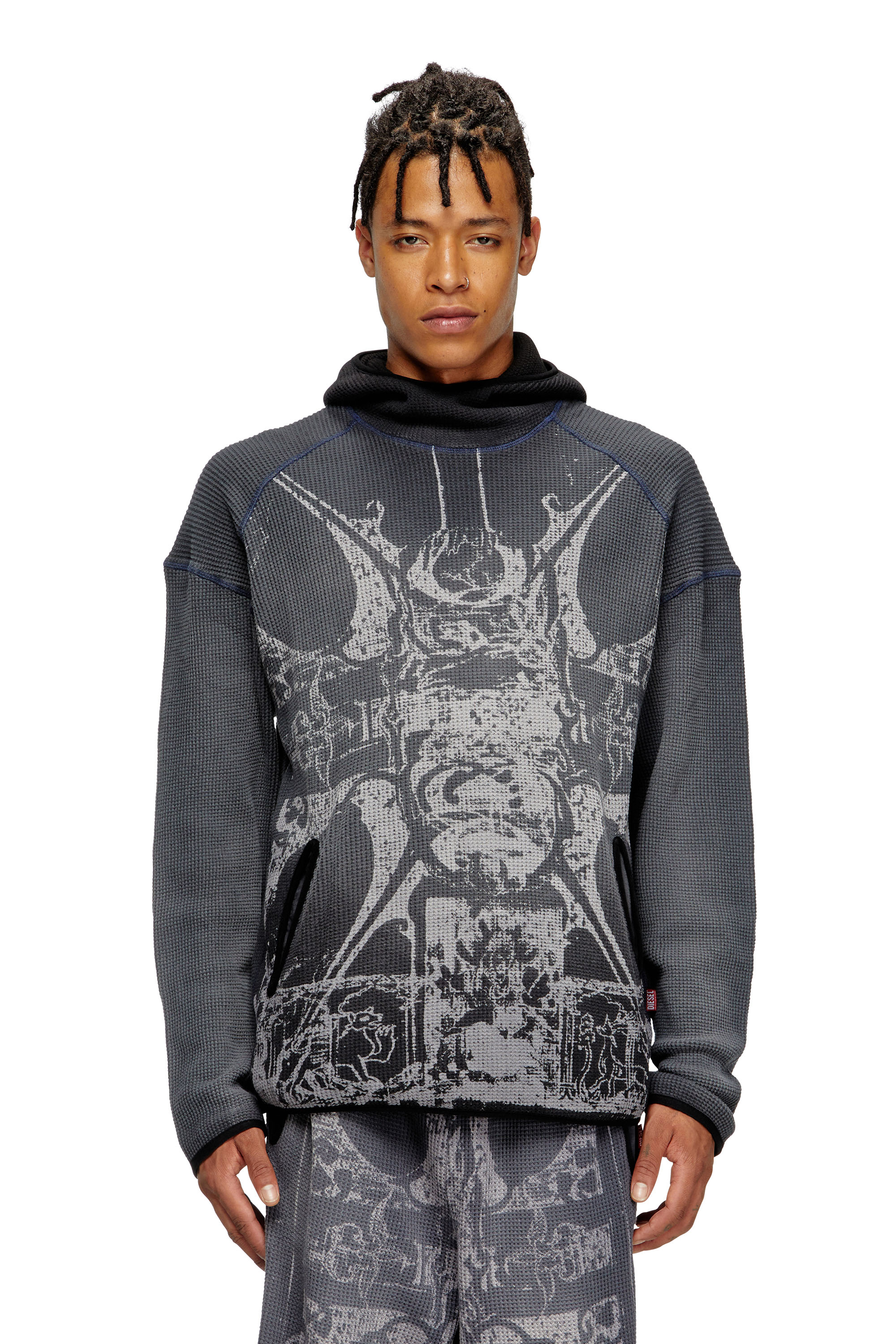 Diesel - S-WAF-HOOD-NEW, Herren Verblasster Waffel-Kapuzenpullover mit Grafik-Print in Schwarz - 1