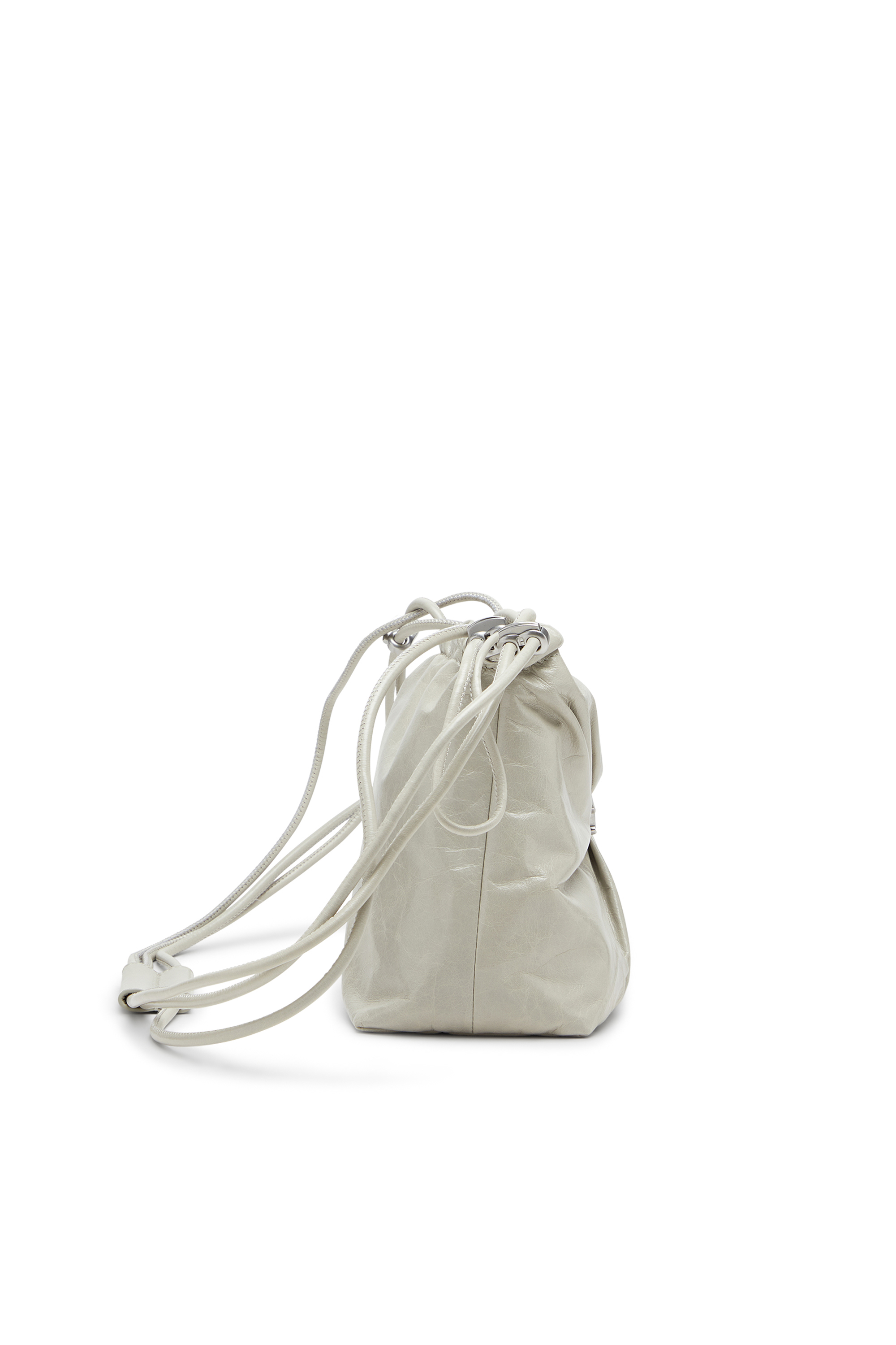 Diesel - SCRUNCH-D BUCKET, Damen Scrunch-D-Beuteltasche aus glänzendem zerknittertem Leder in Weiß - 4