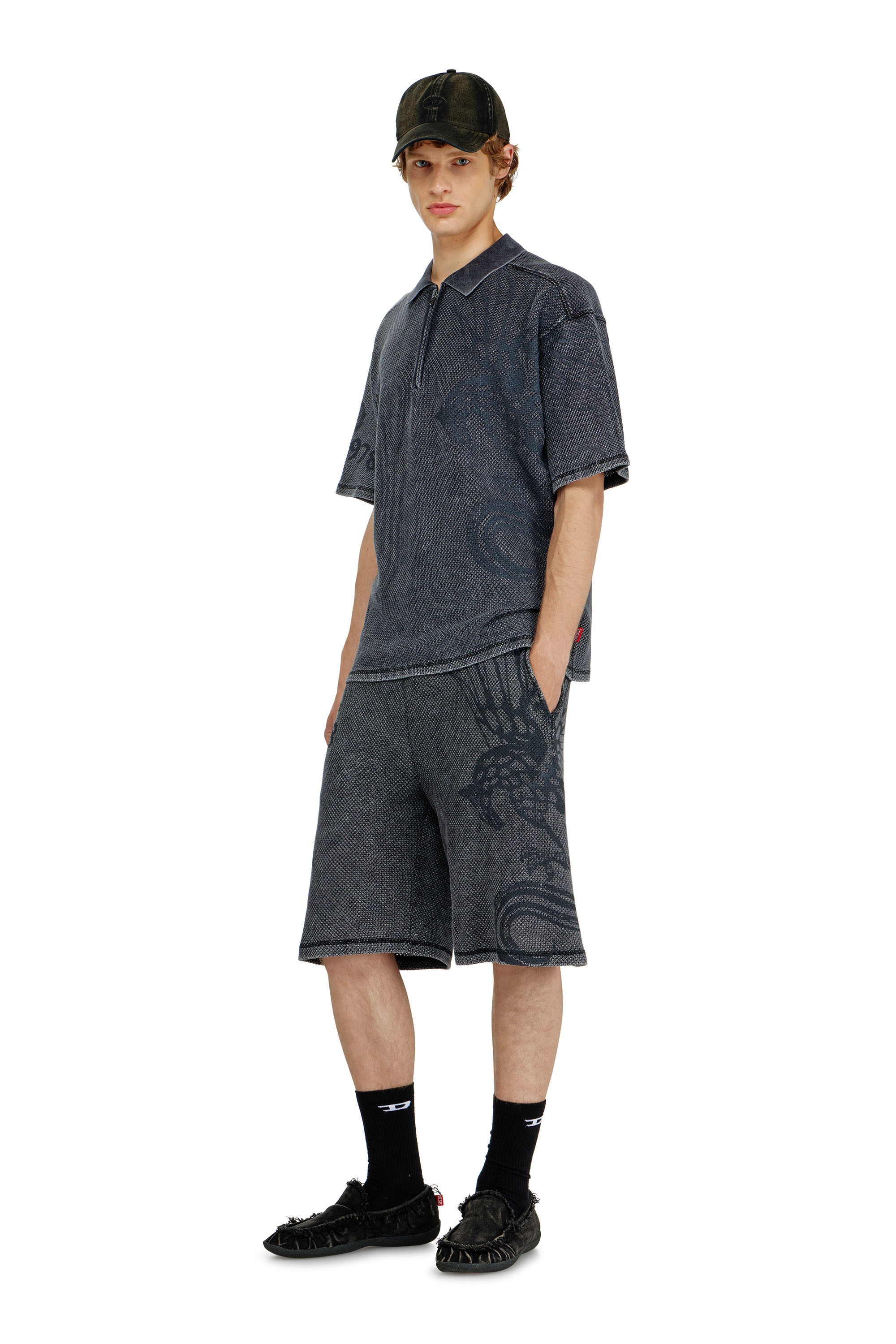 Diesel - T-ERRY-ZIP, Herren Mesh-Jacquard-Poloshirt mit Phoenix-Print in Dunkelgrau - 1