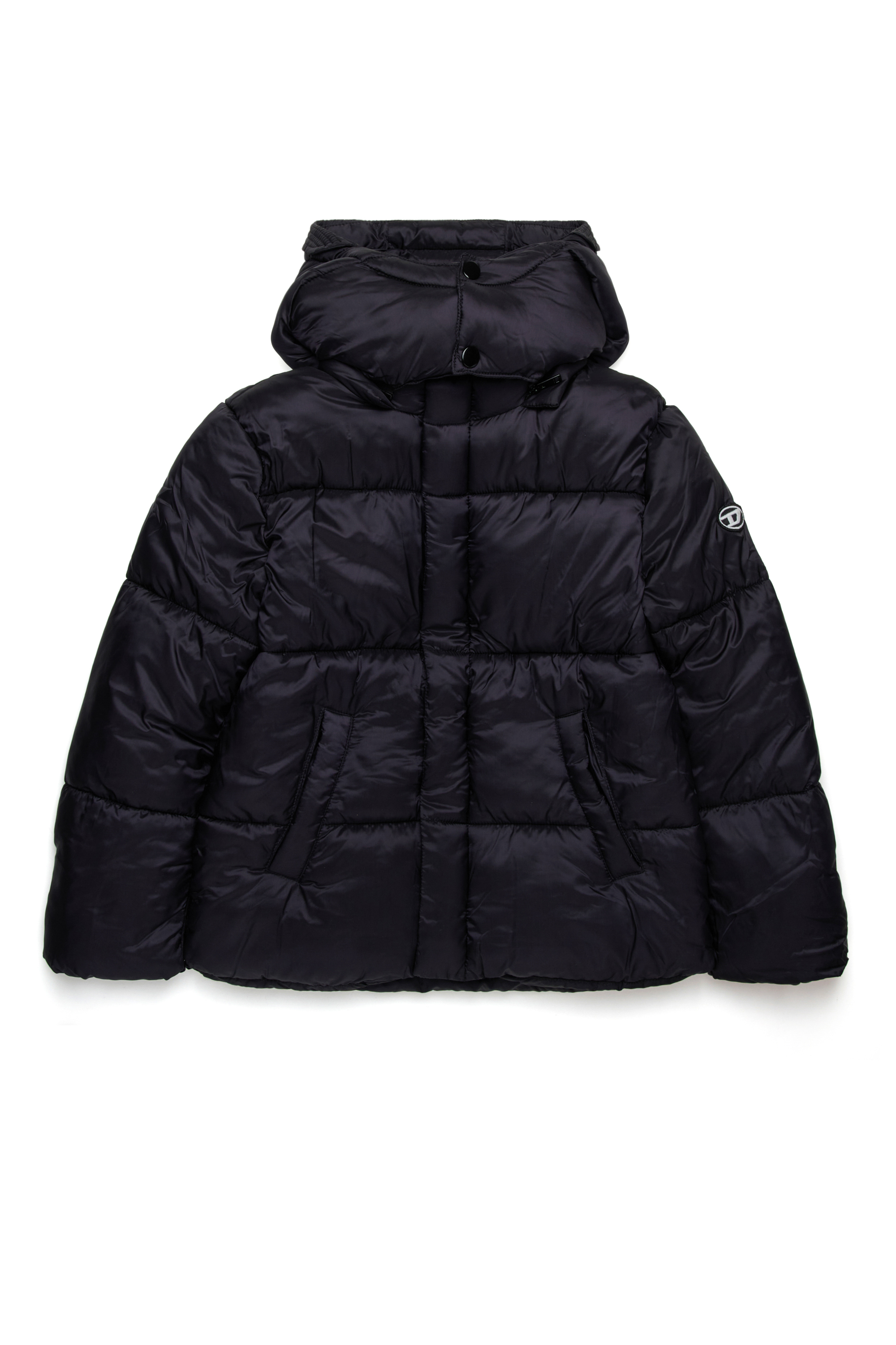 Diesel - JWROLFS, Unisex Pufferjacke mit Kapuze aus glänzendem Nylon in Schwarz - 1