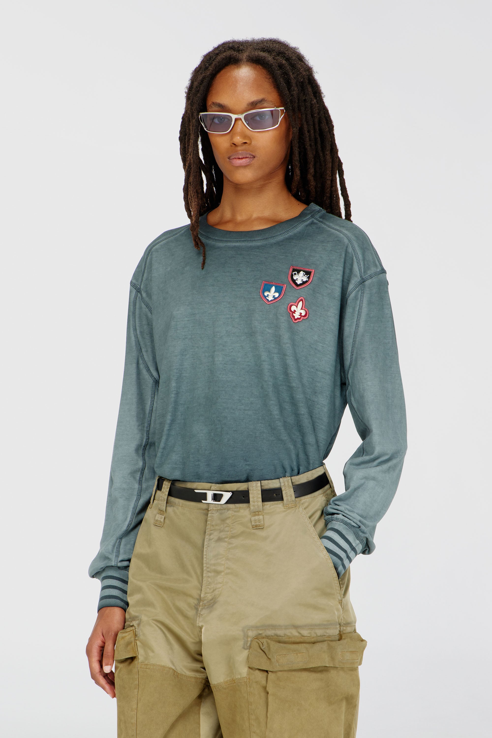 Diesel - T-BAWYE-LS, Damen T-Shirt mit Patches und Mikrowaffel-Eins&auml;tzen in Dunkelgr&uuml;n - 1