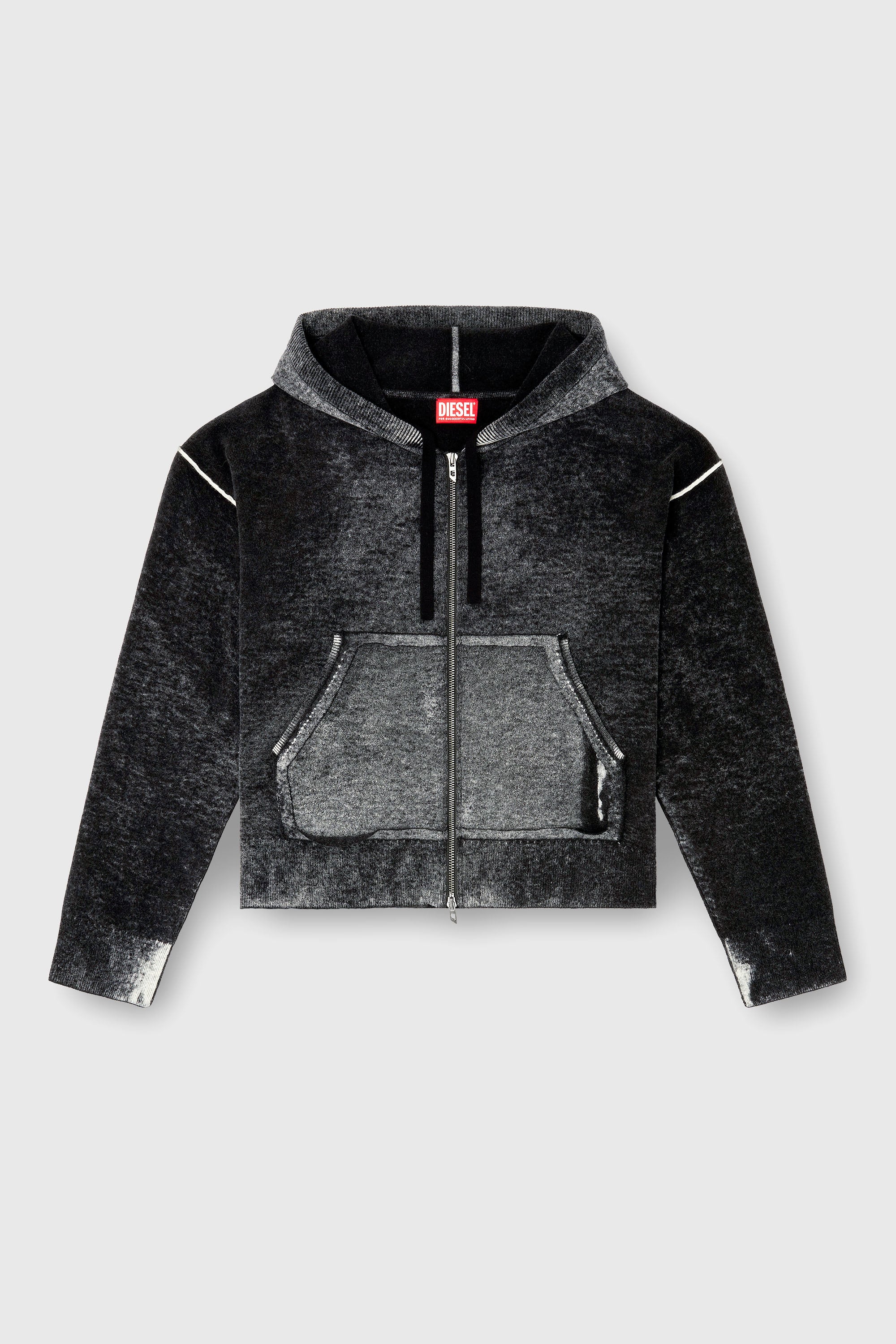 Diesel - M-HERMINE, Damen R&uuml;ckw&auml;rts bedruckte Kapuzenstrickjacke aus Wolle in Schwarz/Grau - 2