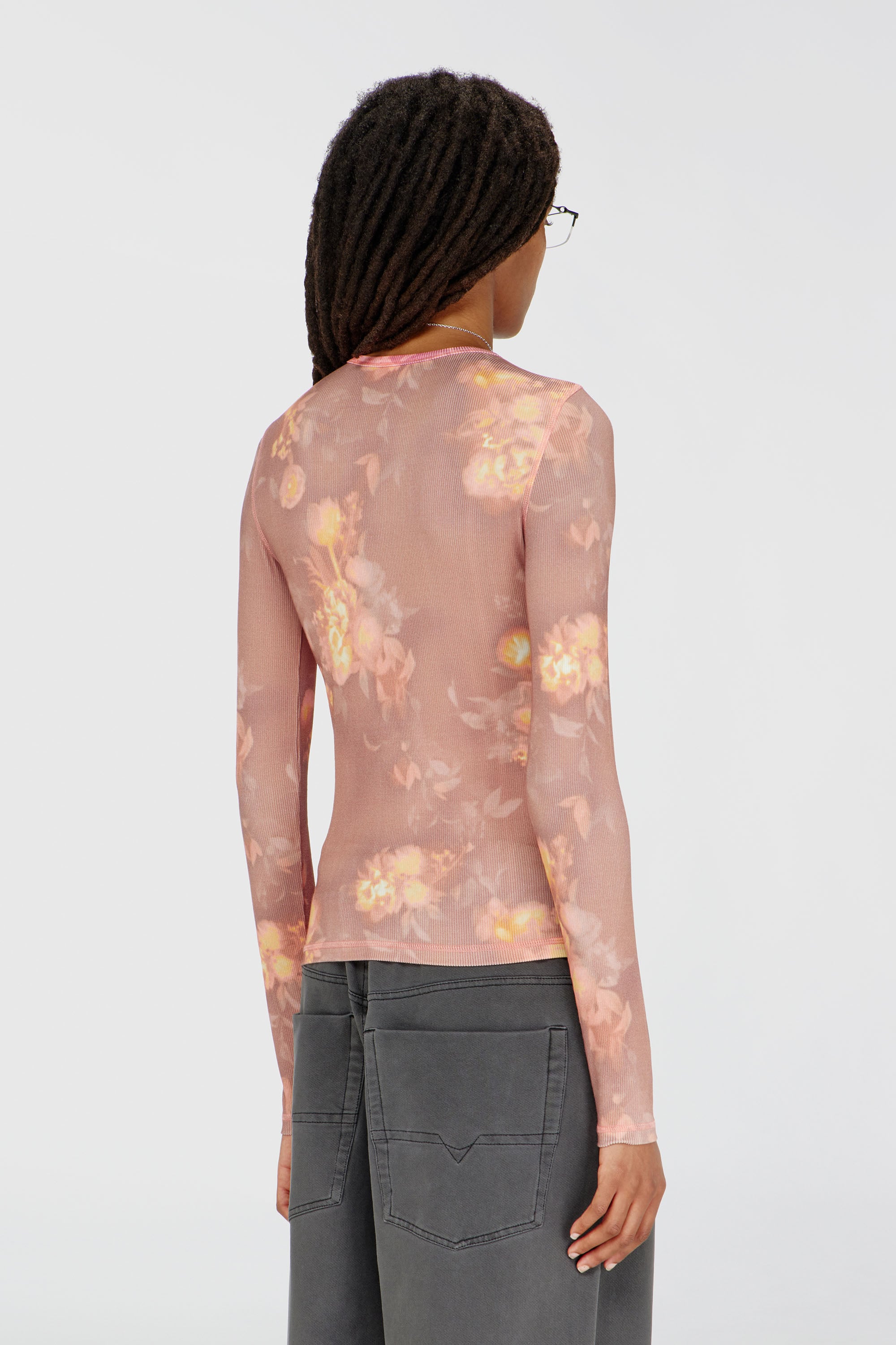 Diesel - T-MOKY-LS, Damen Top aus geripptem Jersey mit Blumenprint in Rosa - 4