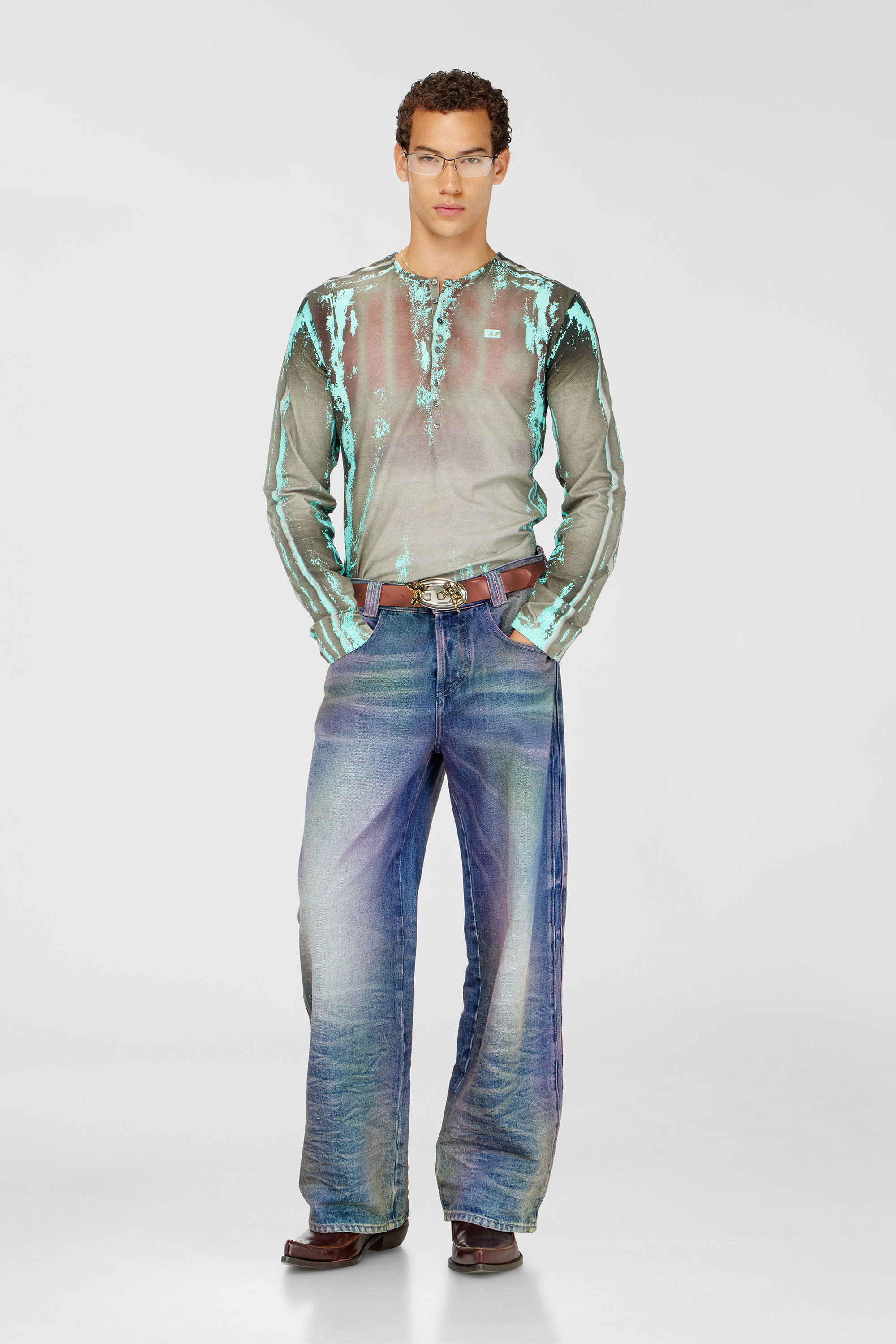 Diesel - T-FYNO-ML, Herren Grandad T-Shirt aus Jersey mit Leder-Crack-Effekt in Grau/Blau - 1