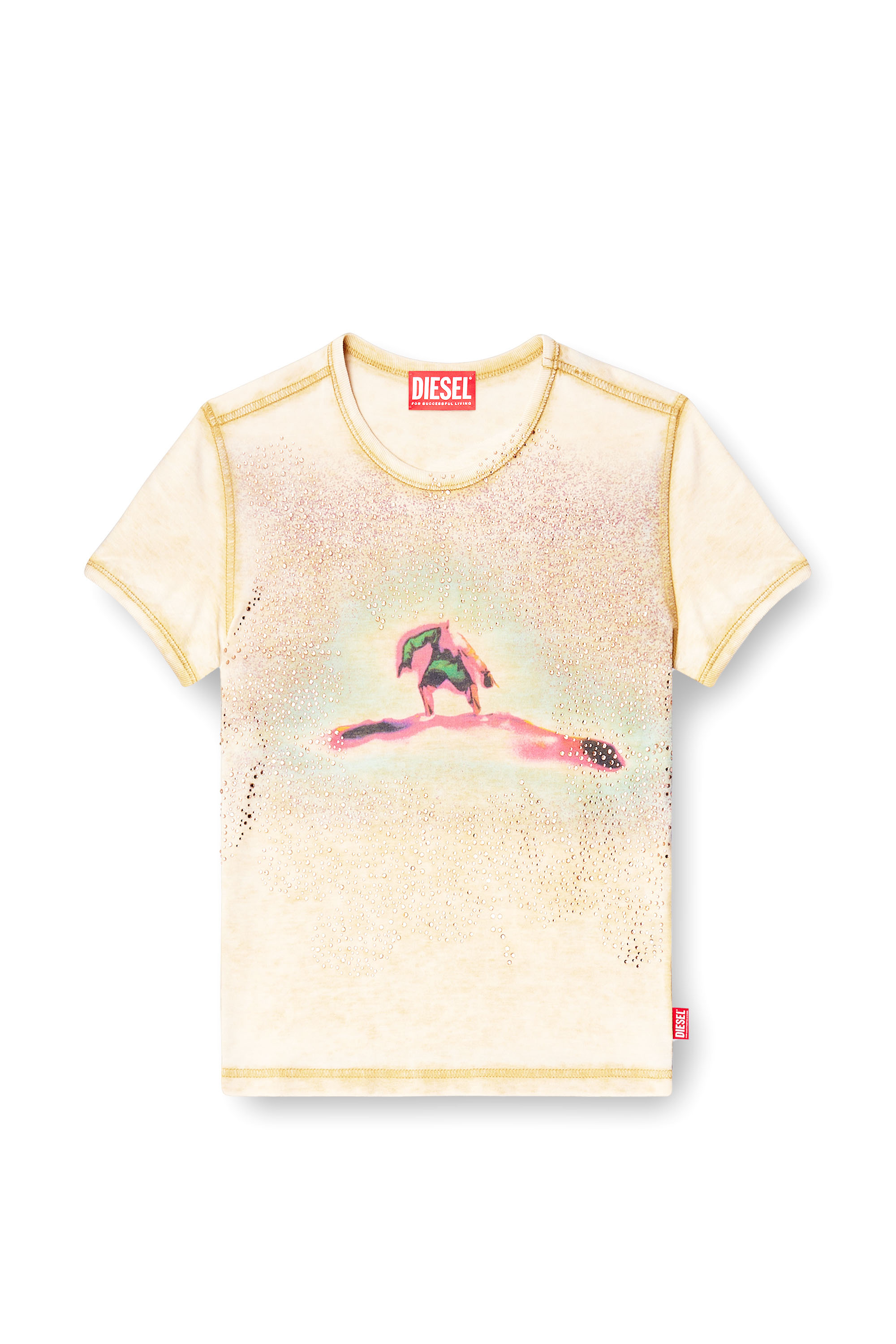 Diesel - T-UNCUTIES-LONG-S10, Damen Schmales T-Shirt mit Strasssteinen in Beige - 3