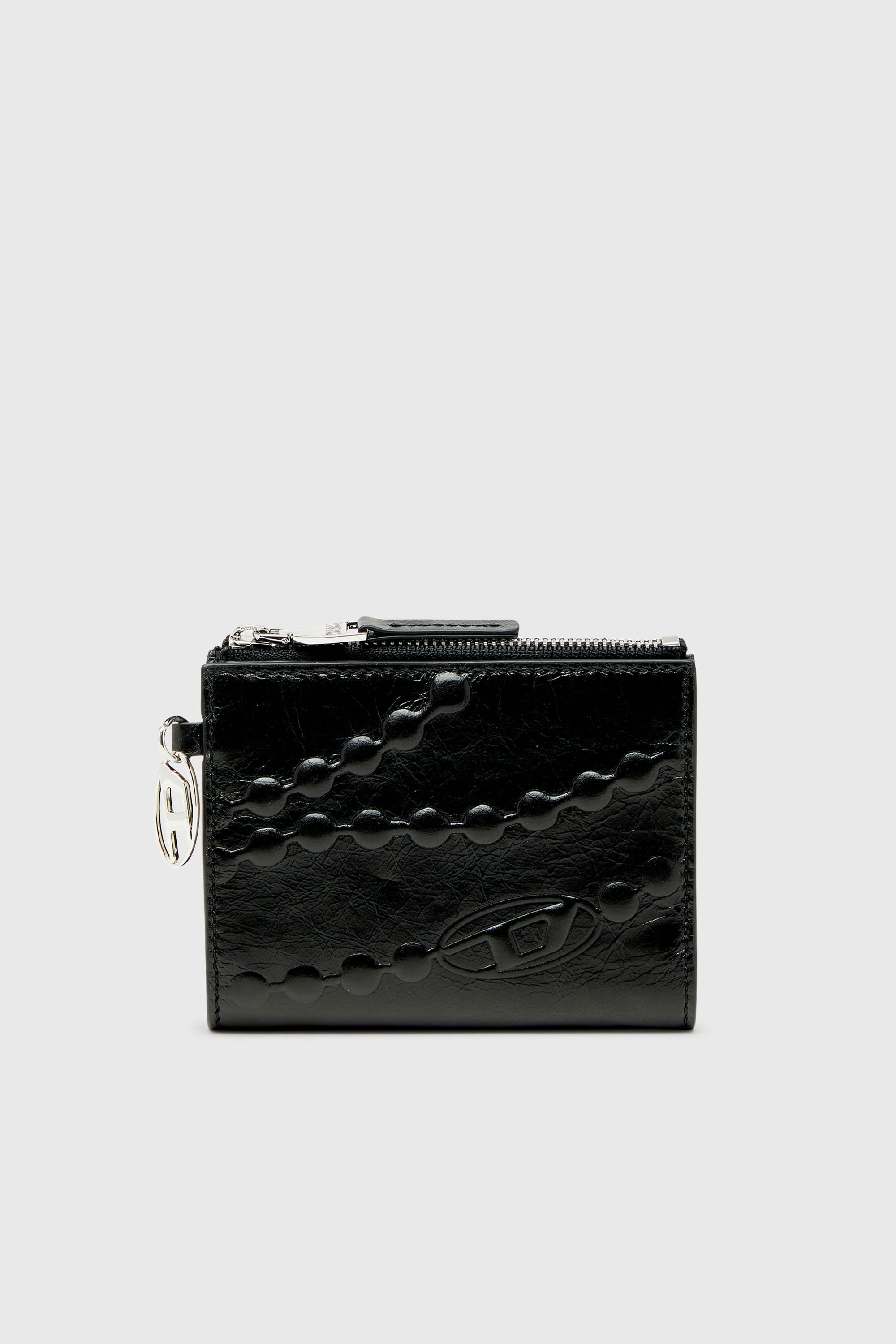 Diesel - OVAL-D BI FOLD ZIP II, Damen Lederne Brieftasche mit gepr&auml;gtem Kettenmotiv in Schwarz - 1