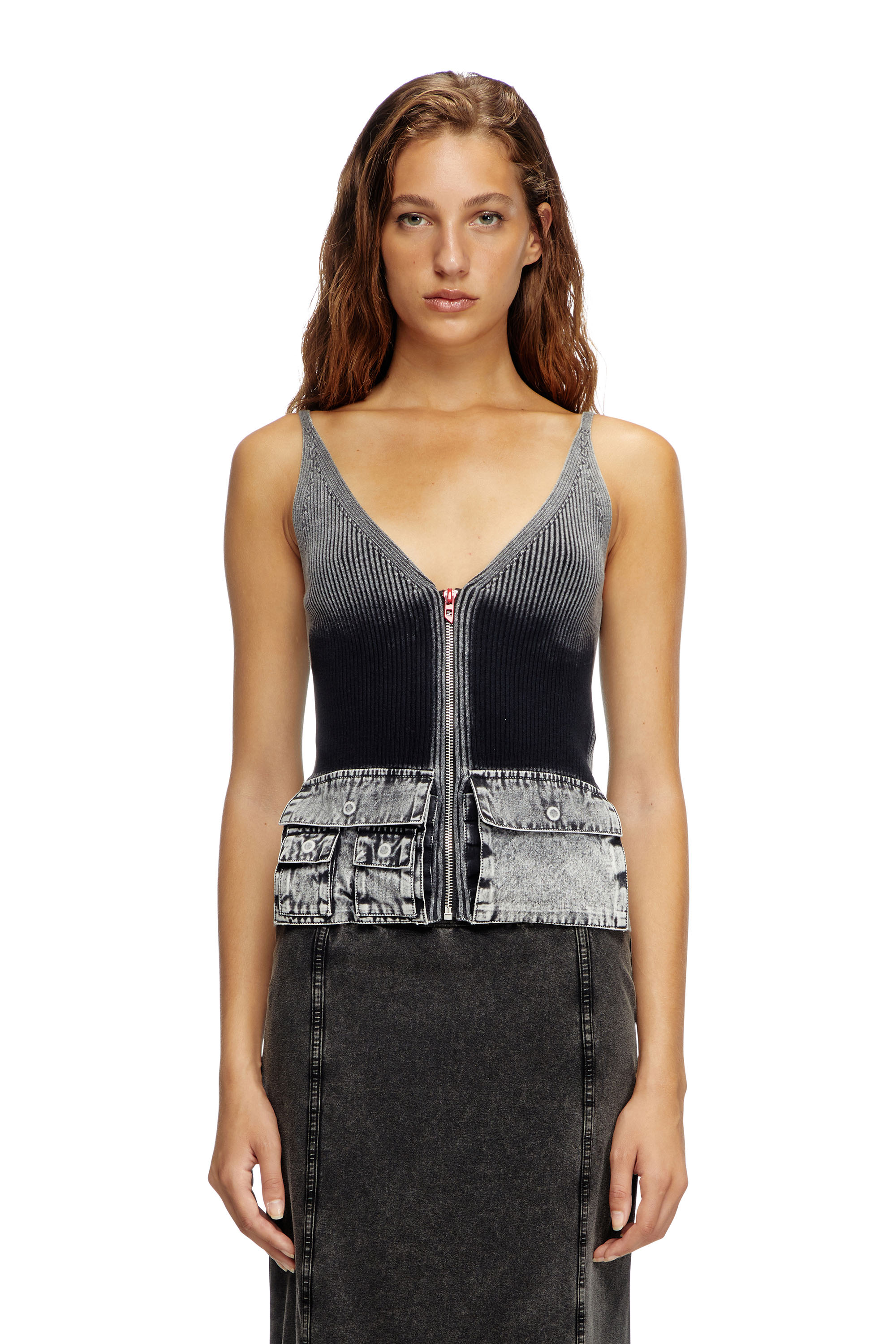 Diesel - M-MELLY, Damen Tanktop aus Strick mit Cargotaschen aus Denim in Dunkelgrau - 1