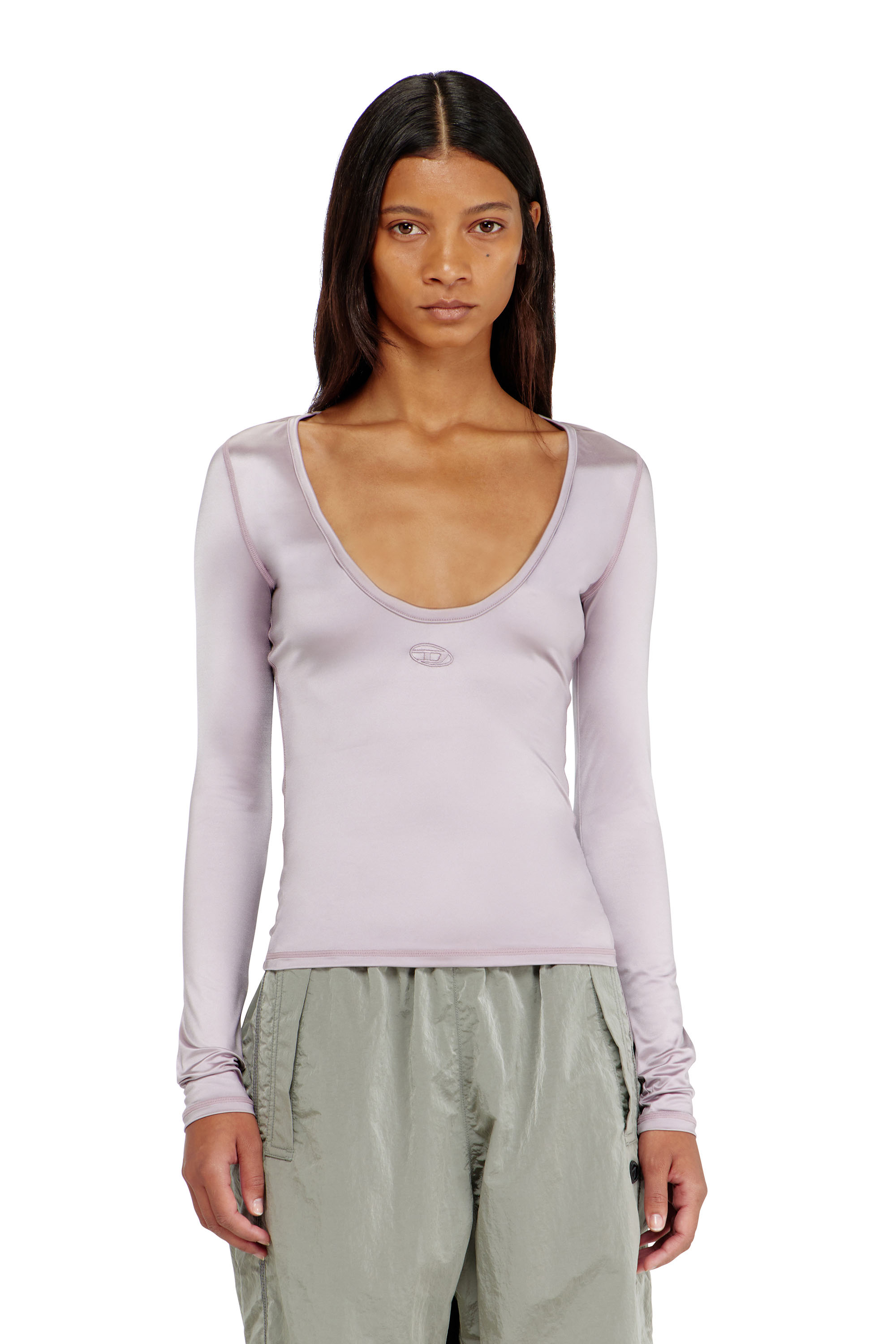 Diesel - T-ELPHIN-LS, Damen Nylon slim top mit Rundhalsausschnitt und Logo Oval D Stickerei in Lila - 3
