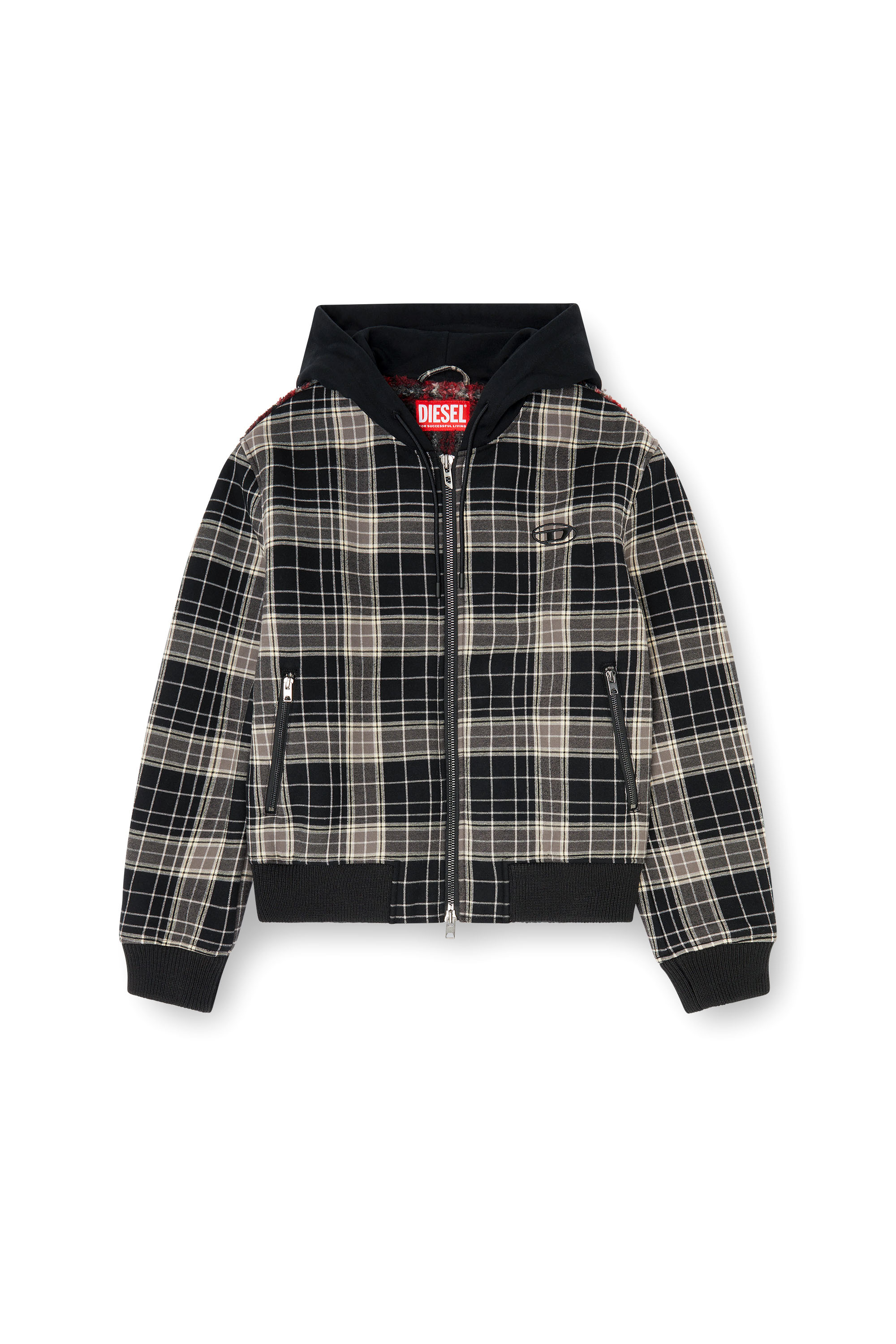 Diesel - W-KUNST, Herren Karo - Karo-bomberjacke mit flanellmuster und teddyfutter in Grau/Schwarz - 2