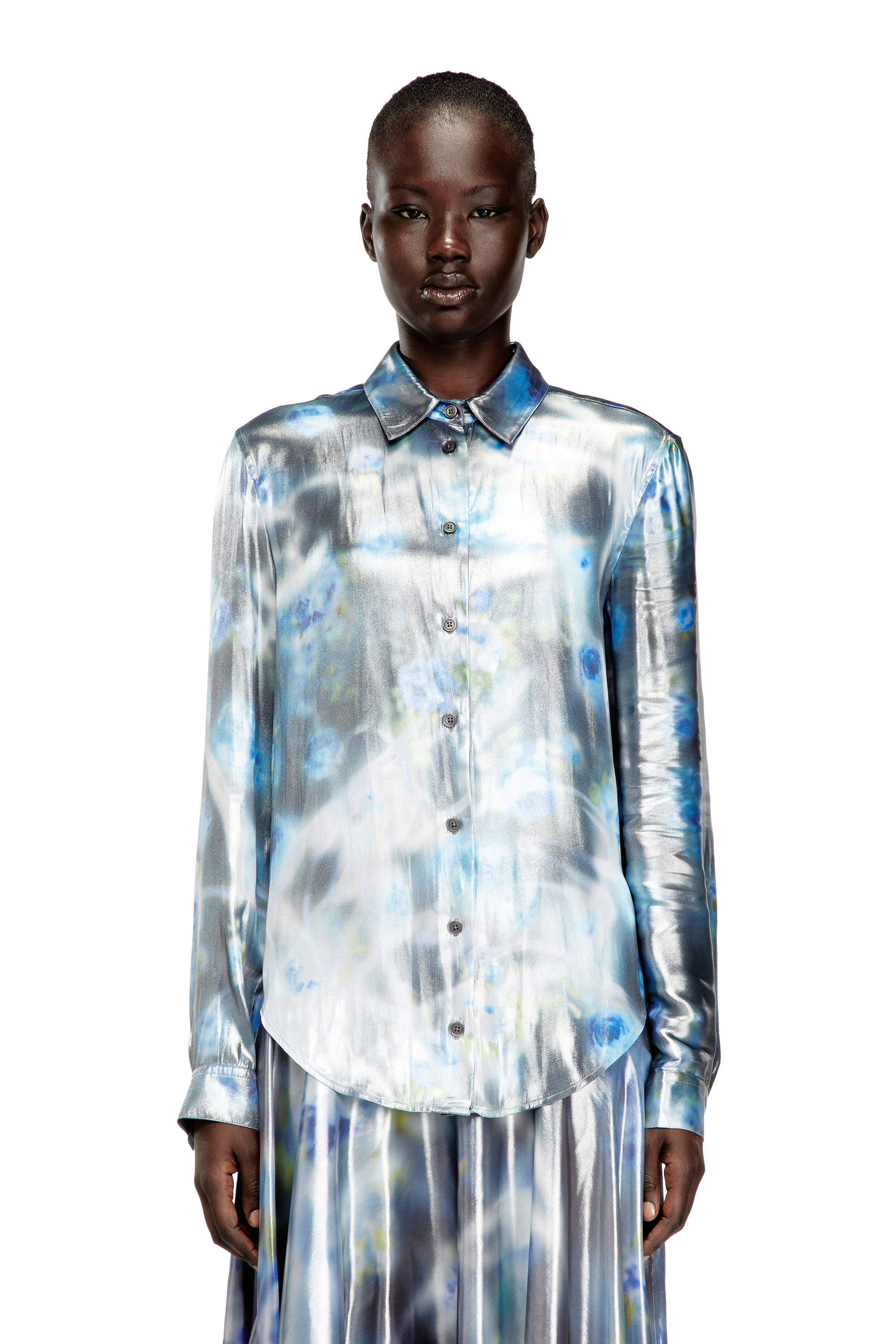 Diesel - C-RONOR-S2, Damen Metallisches Hemd mit verschwommenem Rosenmuster in Blau - 1