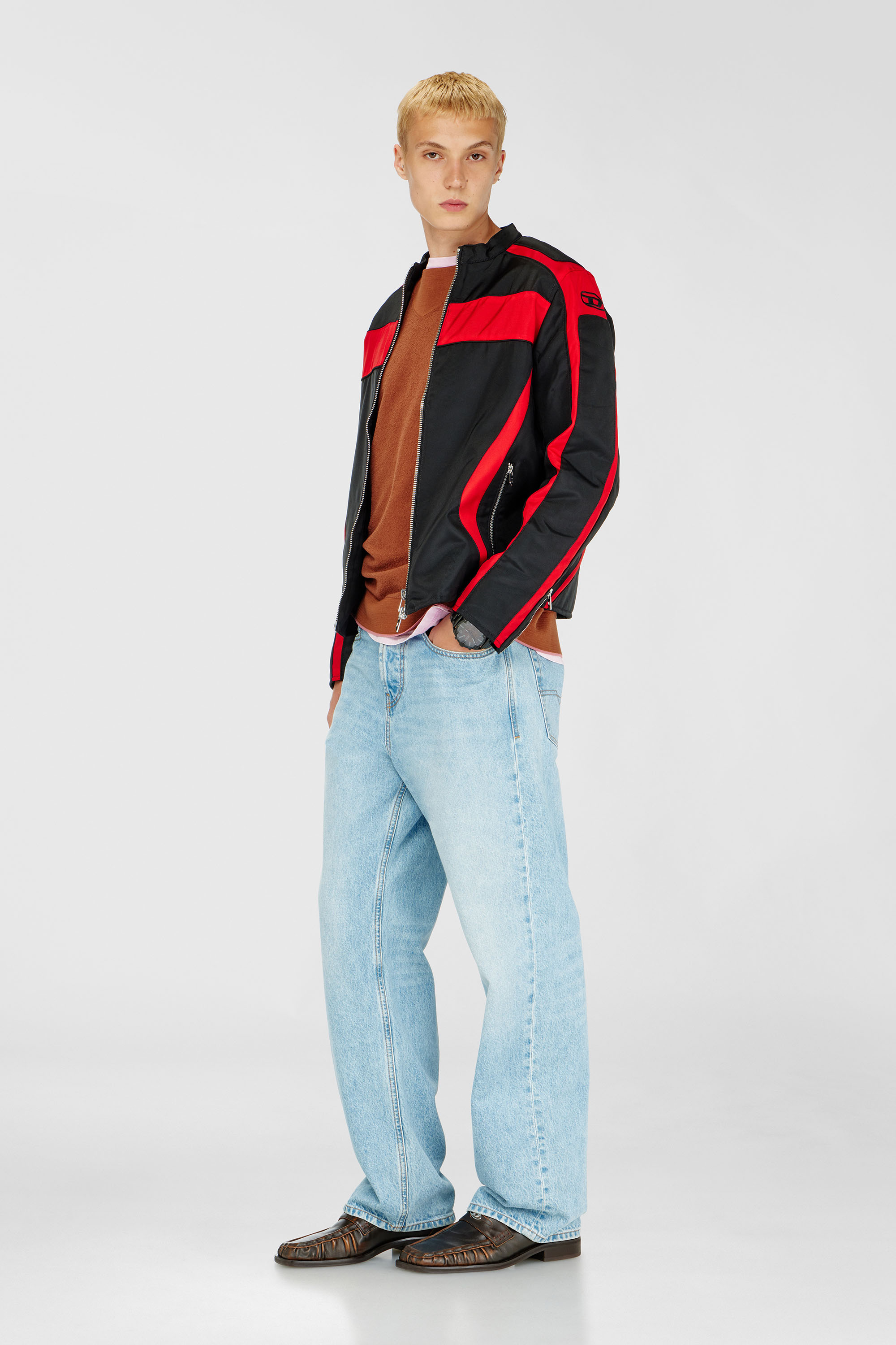 Diesel - J-ADAM-PDAI, Herren Bikerjacke im Colourblock-Design aus Canvas in Schwarz/Rot - 1
