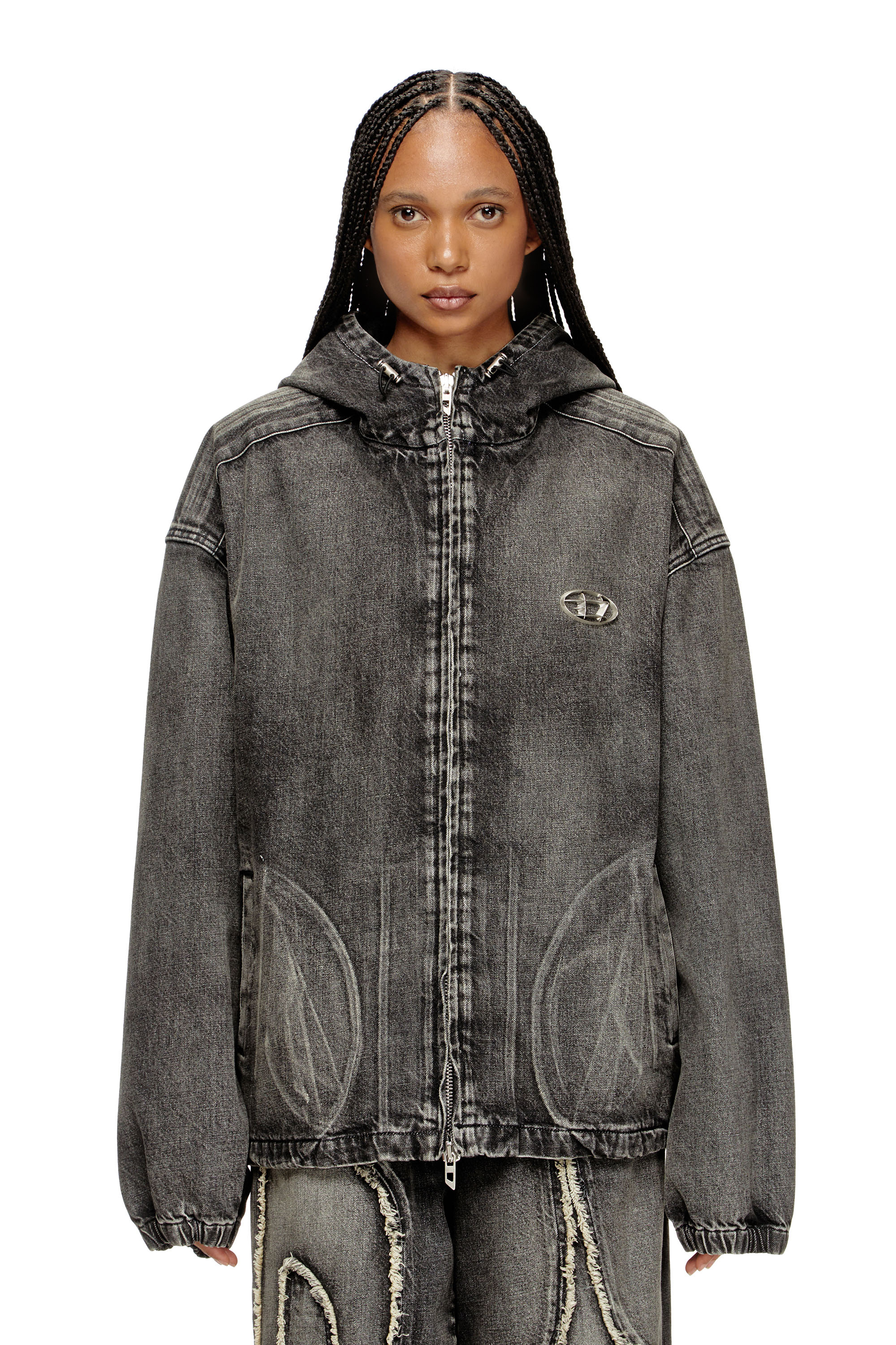 Diesel - THUGJACK, Unisex Kapuzejacke aus verwaschenem Denim in Schwarz - 1
