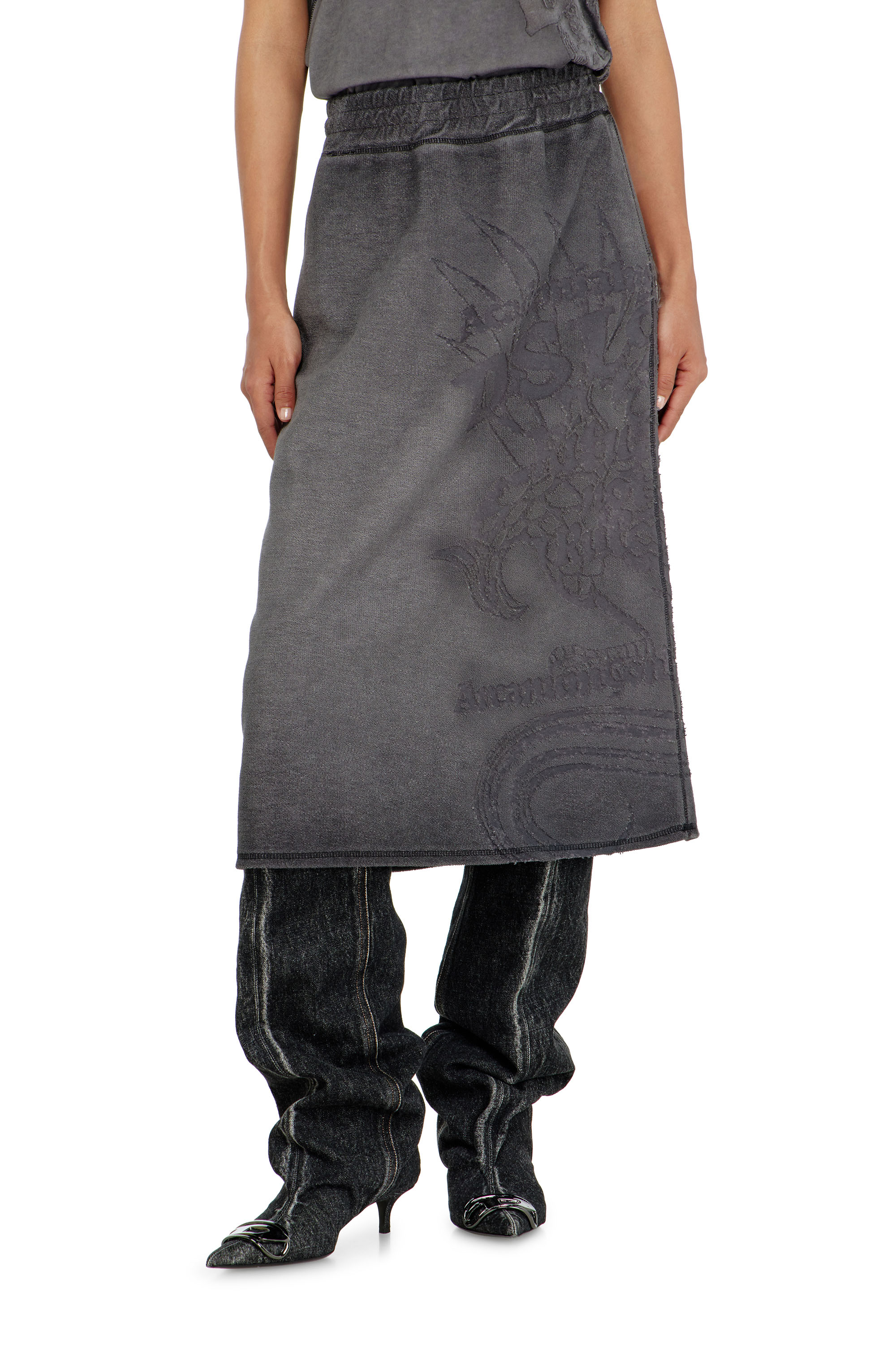 Diesel - O-BEAUTY, Damen Fleece-Midirock mit D&eacute;vor&eacute;-Print in Dunkelgrau - 2
