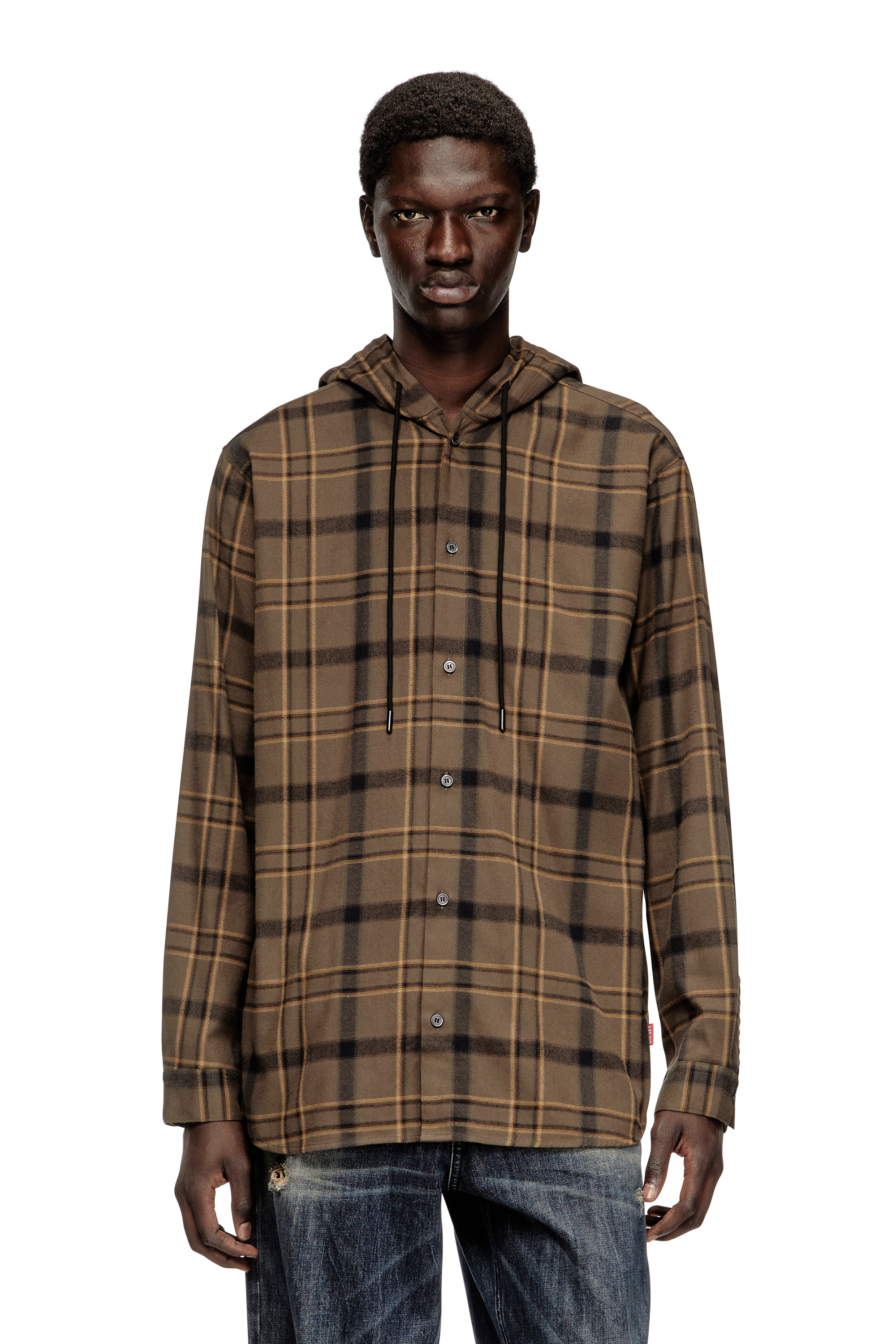 Diesel - S-IX, Herren Kapuzenshirt aus kariertem Flanell mit Logo in Braun - 1
